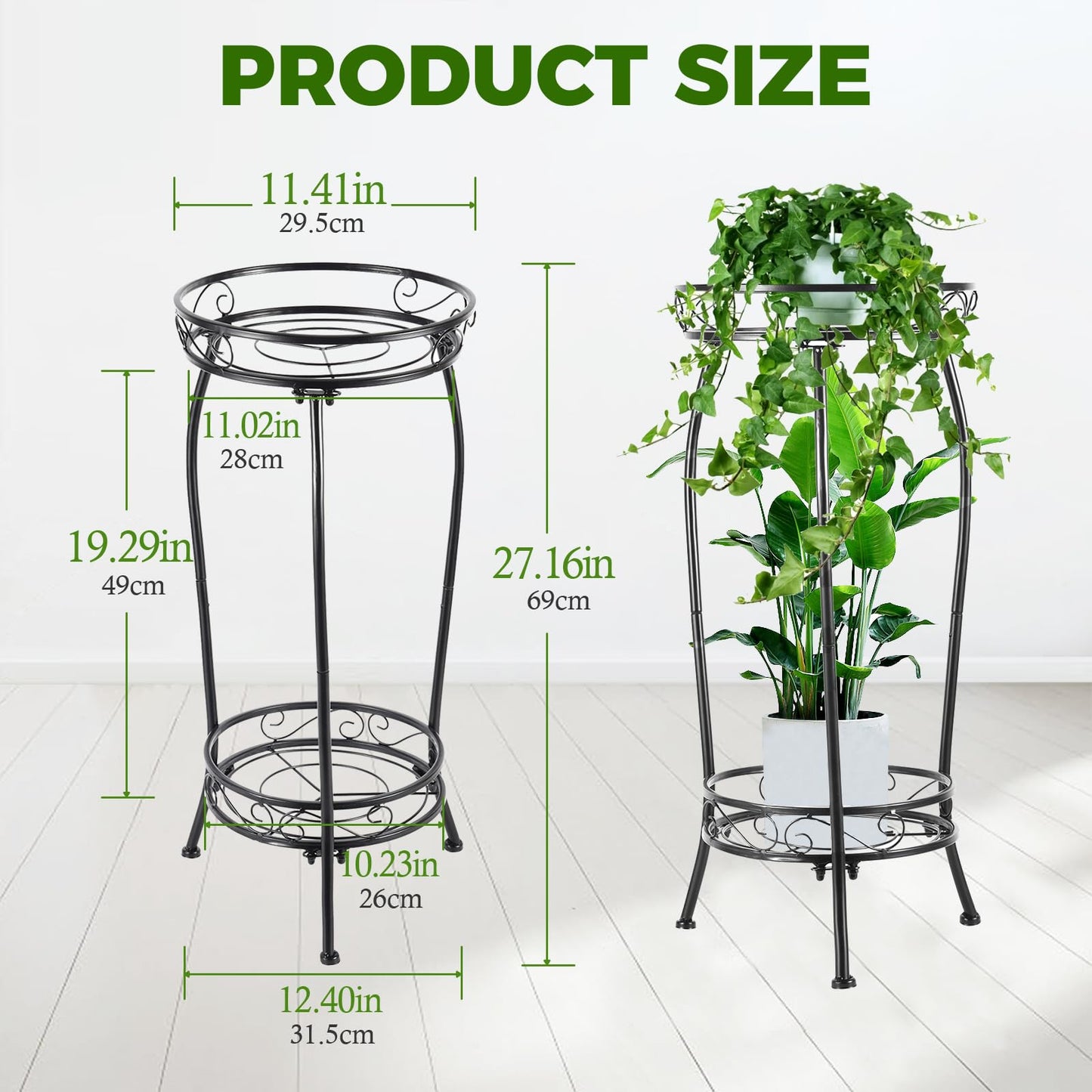 Plant Stand Indoor Outdoor 2 Tier 27" Tall Metal Potted Holder Rack Flower Pot Stand Heavy Duty Plant Shelf Rustproof Iron Multiple Plant Round Supports Rack for Planter Corner Garden Balcony Patio
