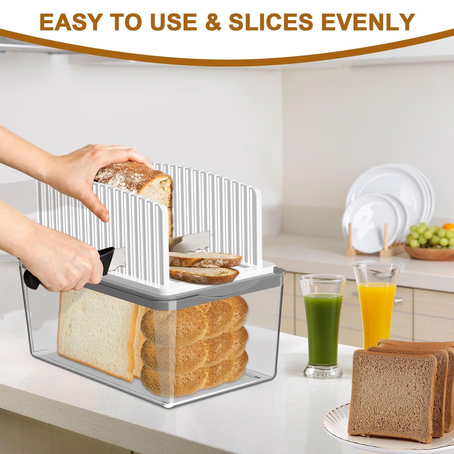 Kiss Core Upgrade Bread Slicer for Homemade Bread with Bread Box, Bread Slicing Guide Adjustable Width, Foldable and Compact Cutting Guide with Crumb Tray, Suitability for Homemade Bread, Bagels,Cakes