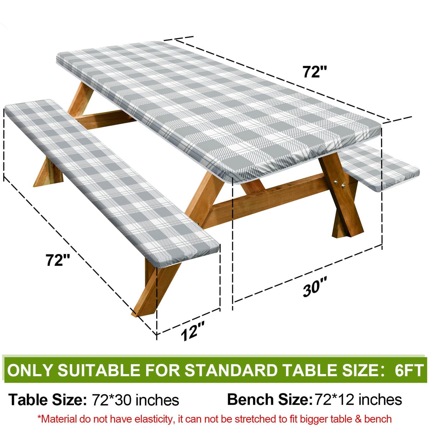 Picnic Table Cover with Bench Covers Camping Essentials Waterproof Windproof Camping Tablecloth with Drawstring Bag, Fitted Rectangle Tables and Seats, 72in, Grey Checkered