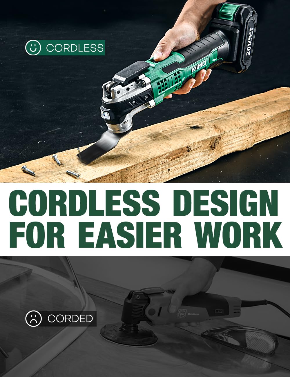 KIMO 20V Cordless Oscillating Tool Kit with 26-Pcs Accessories, Max 21000 OPM, 6 Variable Speed & 3ยฐ Oscillating Angle, Battery Powered Oscillating Multi-Tool for Cutting Wood/Nailing/Scraping/Sanding