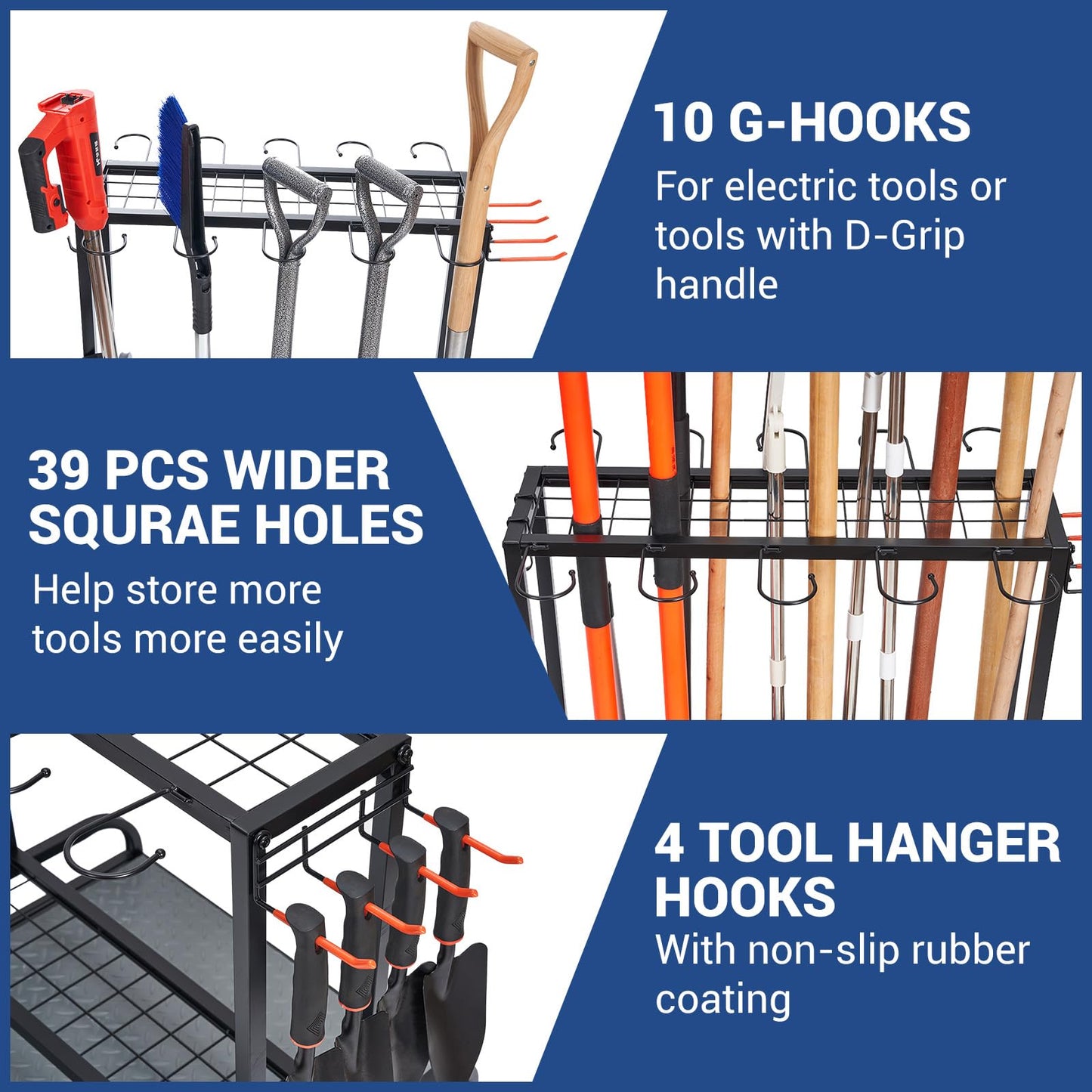 Garden Tool Organizer, Yard Tools Rack Holds 55 Long-Handled Tools/Rakes/Brooms for Garage Organization and Storage, Shed, Outdoor, Lawn, Heavy-Duty Steel, Black, Easy Assembly