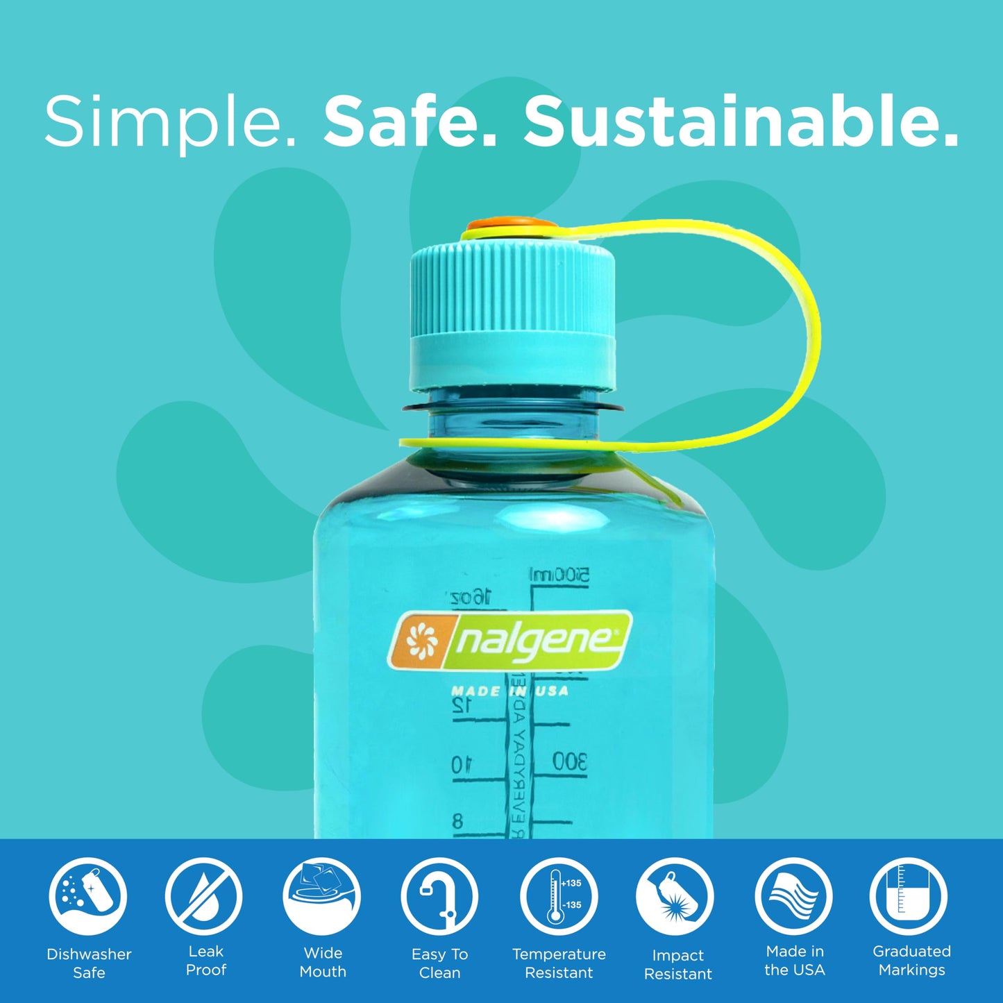 Nalgene Sustain Tritan BPA-Free Water Bottle Made with Material Derived from 50% Plastic Waste (using ISCC certified mass balance), 16 OZ, Narrow Mouth, Cerulean