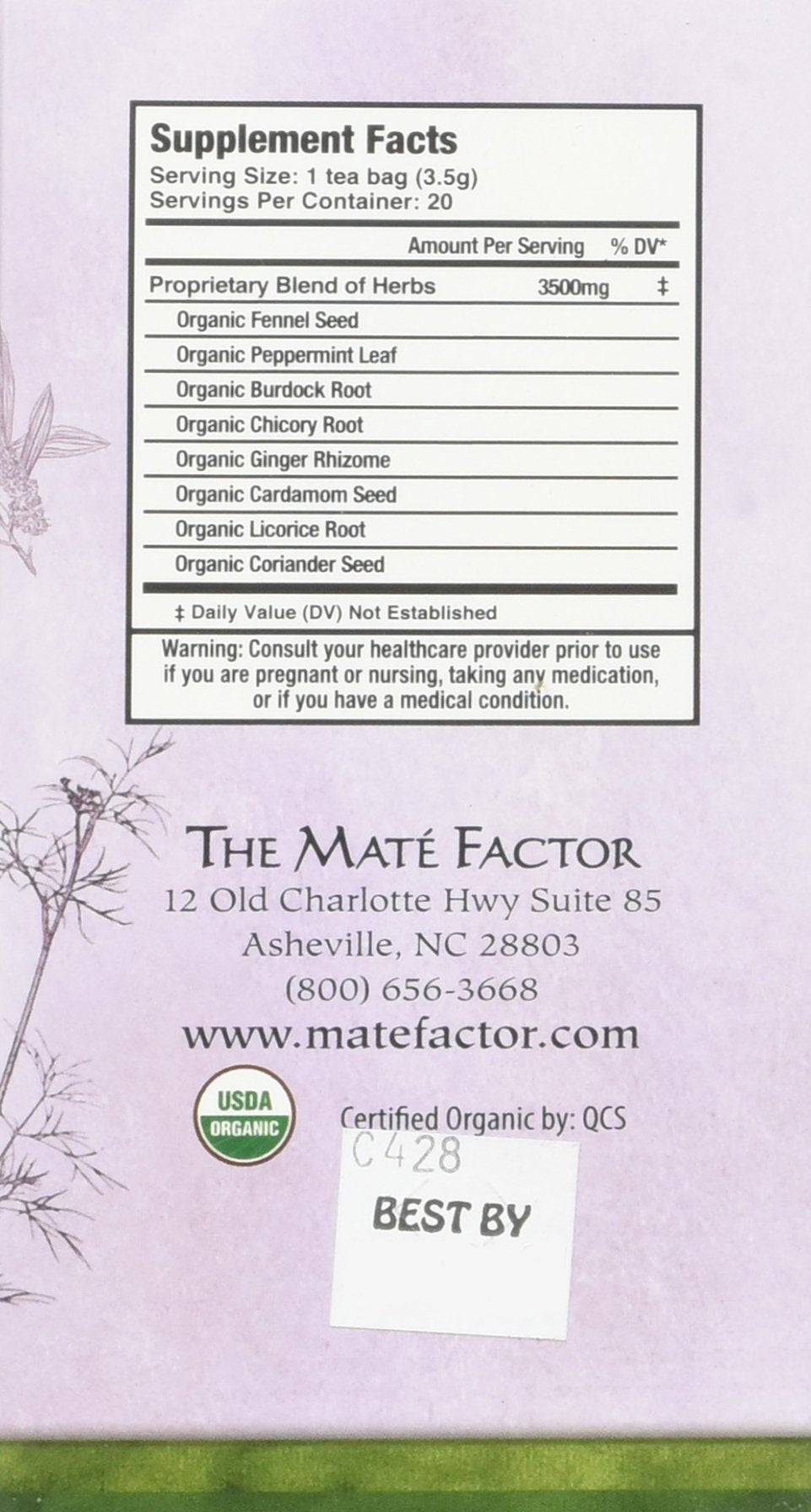 Mate Factor Functional Herbal Blends - Digestive Tea with Prebiotics 20 Bag(S)