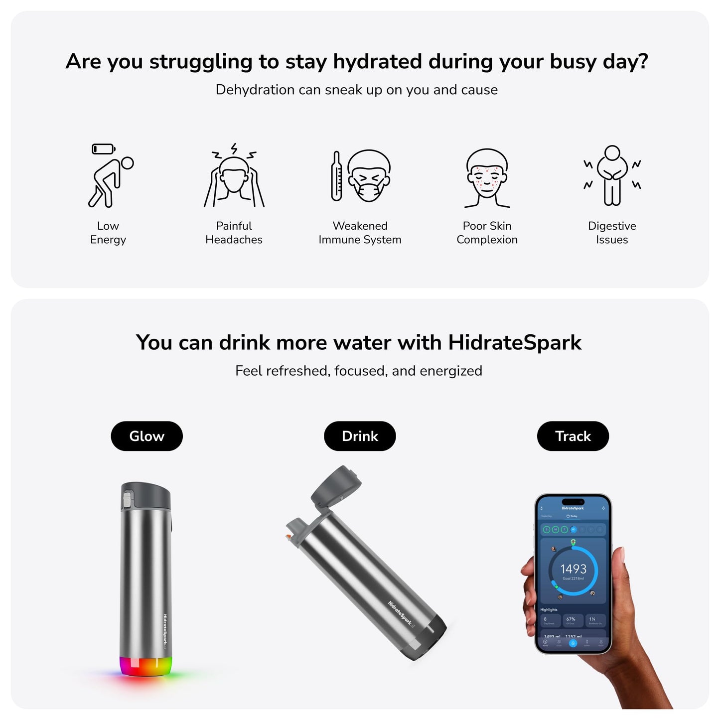 Hidrate Spark PRO Smart Water Bottle 21oz Brushed Steel | Tracks Water Intake, Bluetooth, LED Glow Reminder, When You Need to Drink, Chug Lid