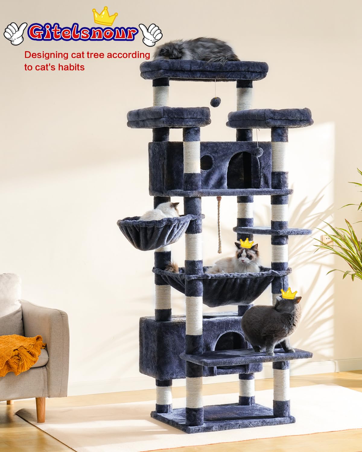 Gitelsnour Cat Tree for Indoor Cats Large Adult, 74" Cat Tower with 3 Big Platforms, 2 Baskets, 2 Condos, Multi-Level Cat Scratching Posts, Smoky Gray GCT030G