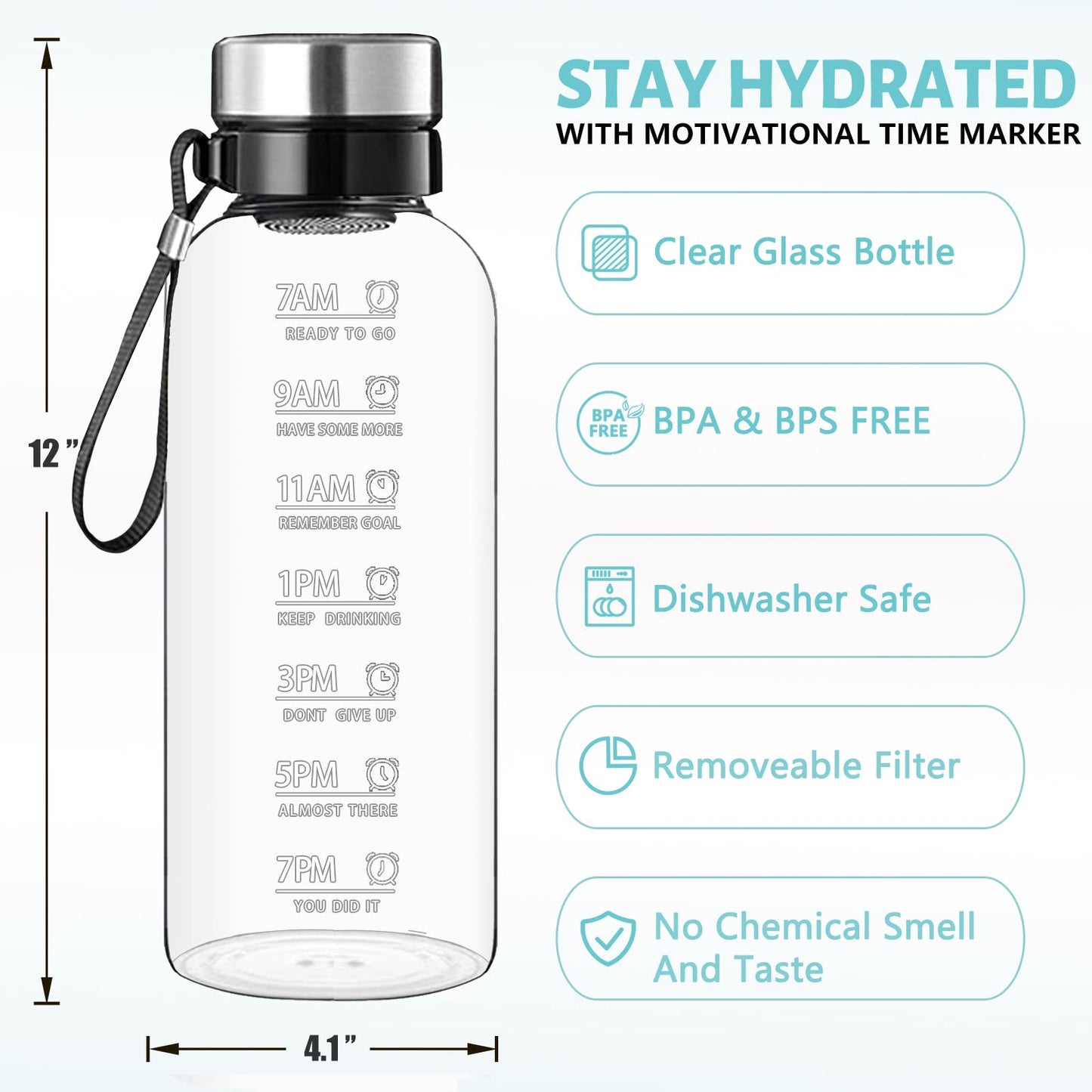 RNCKUUE 64 OZ Glass Water Bottle - Large Resuable Borosilicate Wide Mouth Glass Drinking Bottles With Time Mark, Sleeve, BPA Free