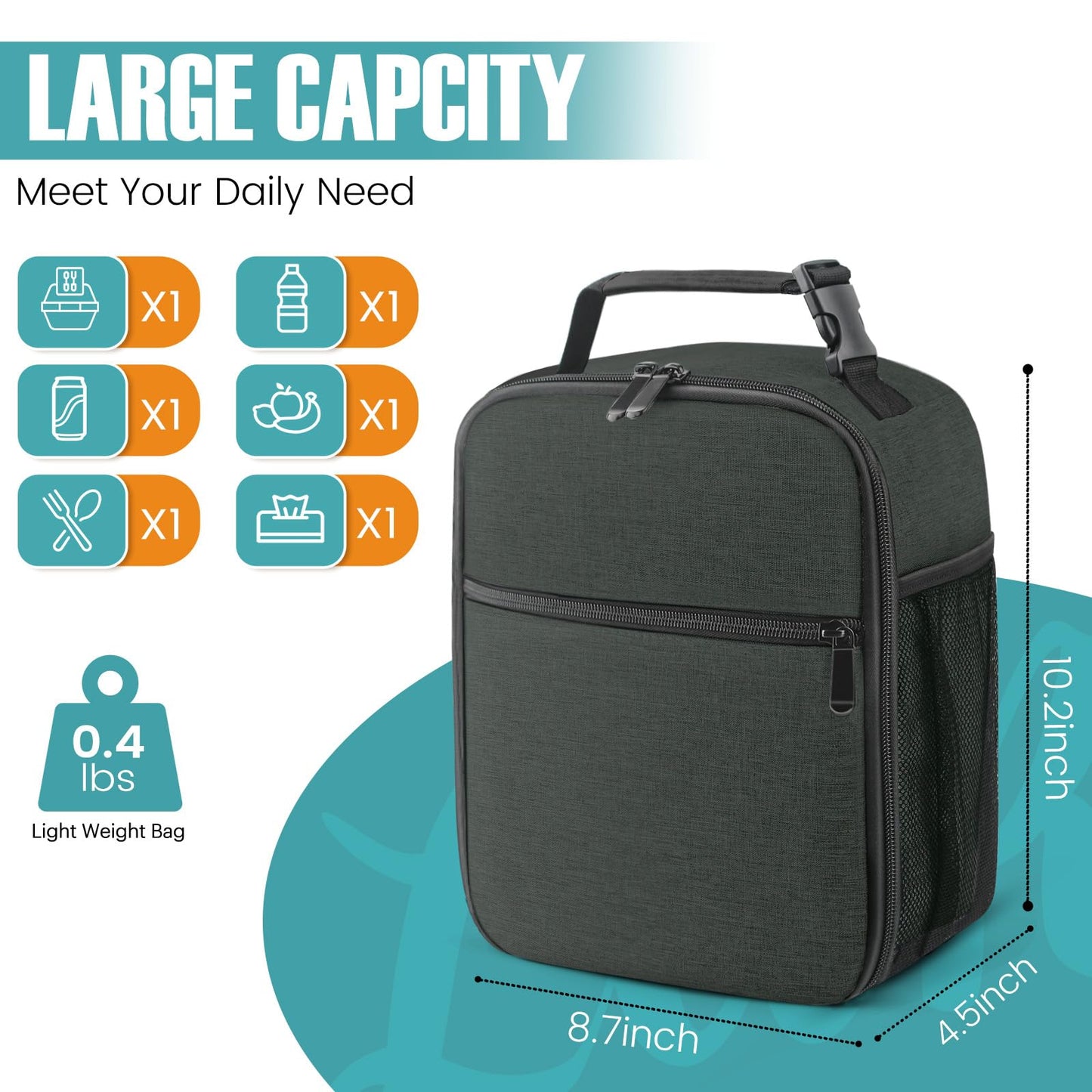 Lunch Bag for Men/Women, Reusable Lunchbox for Adult, Small Insulated Lunch box, Lunch Tote Bag for Office, Work, Picnic - Black