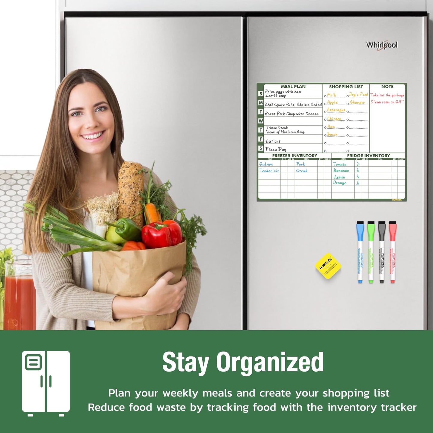 Magnetic Meal Planner Menu Board: Reusable Dry Erase Family Planning Board with Grocery List & Fridge Freezer Inventory List for Refrigerator, Dry Erase Markers and Eraser Included - 14x11 Inches