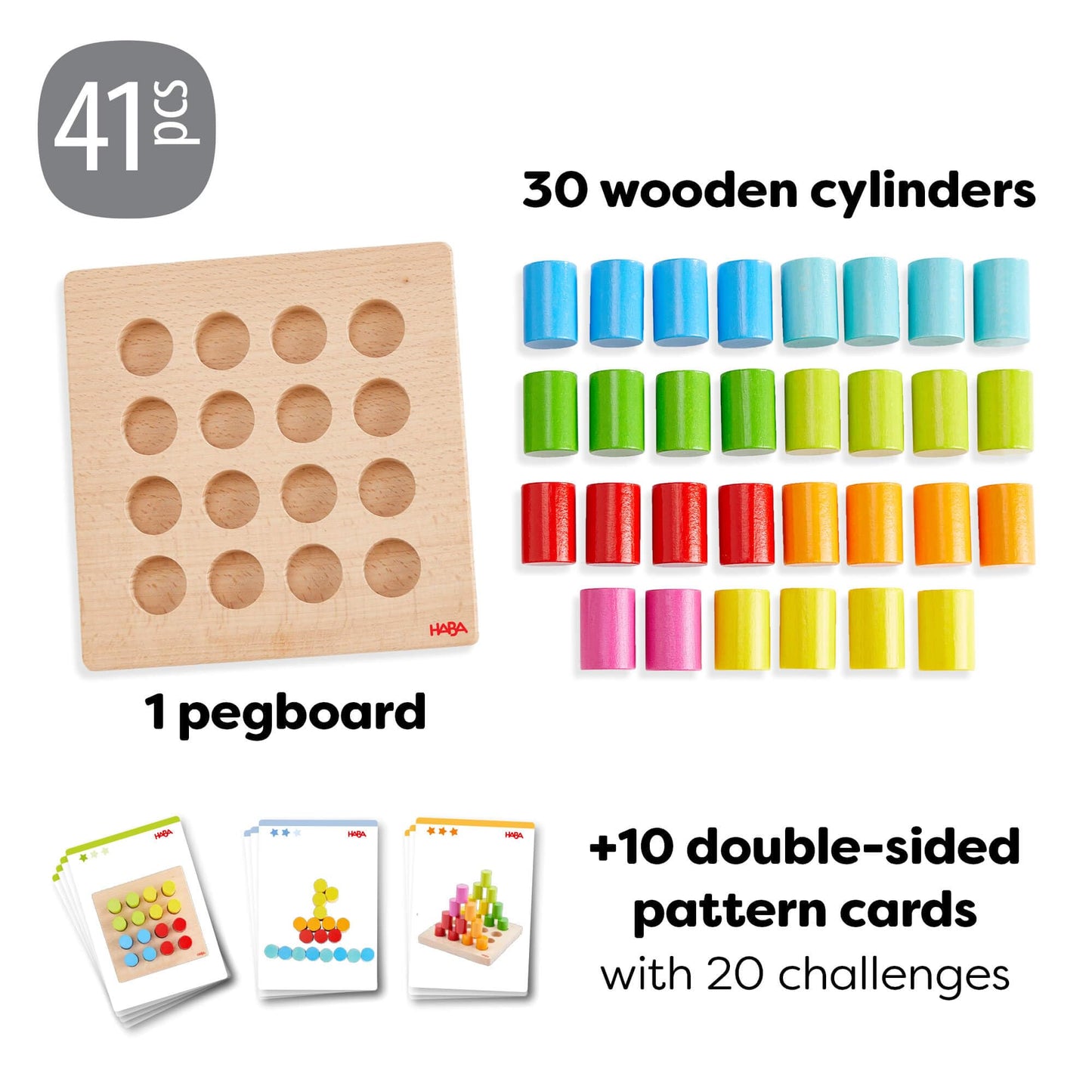 HABA Rainbow Risers Wooden Stacking Game: Montessori Toys for 2 Year Old & Up, Shape Sorter & Wooden Pegboard Preschool Learning Toys with Challenge Cards