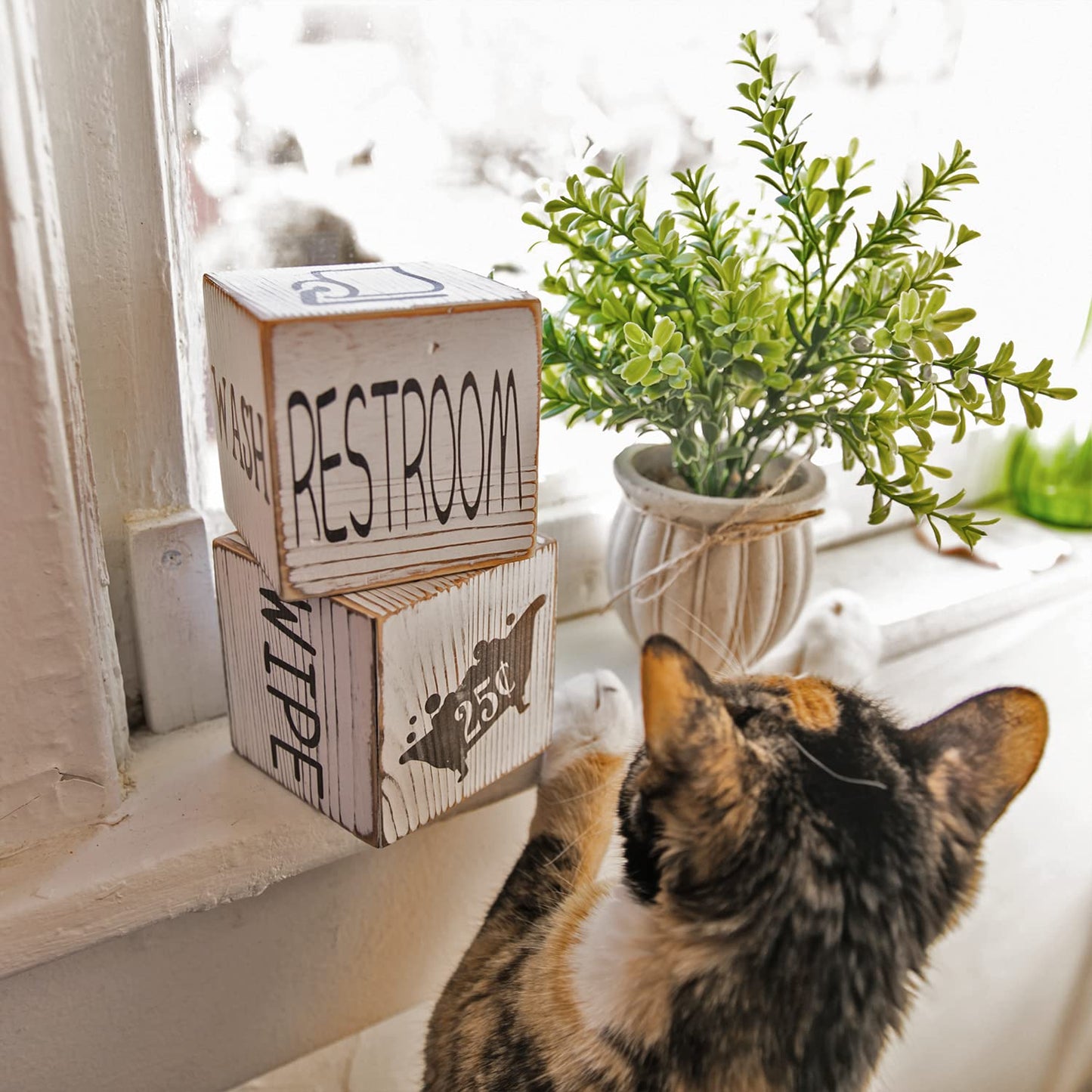 Farmhouse Block Decoration Four-Sided Funny Signs Modern Rustic Decor, Wooden Cute Guest Art Home Decorations Restroom Sign For Bathroom (Block + Plant)