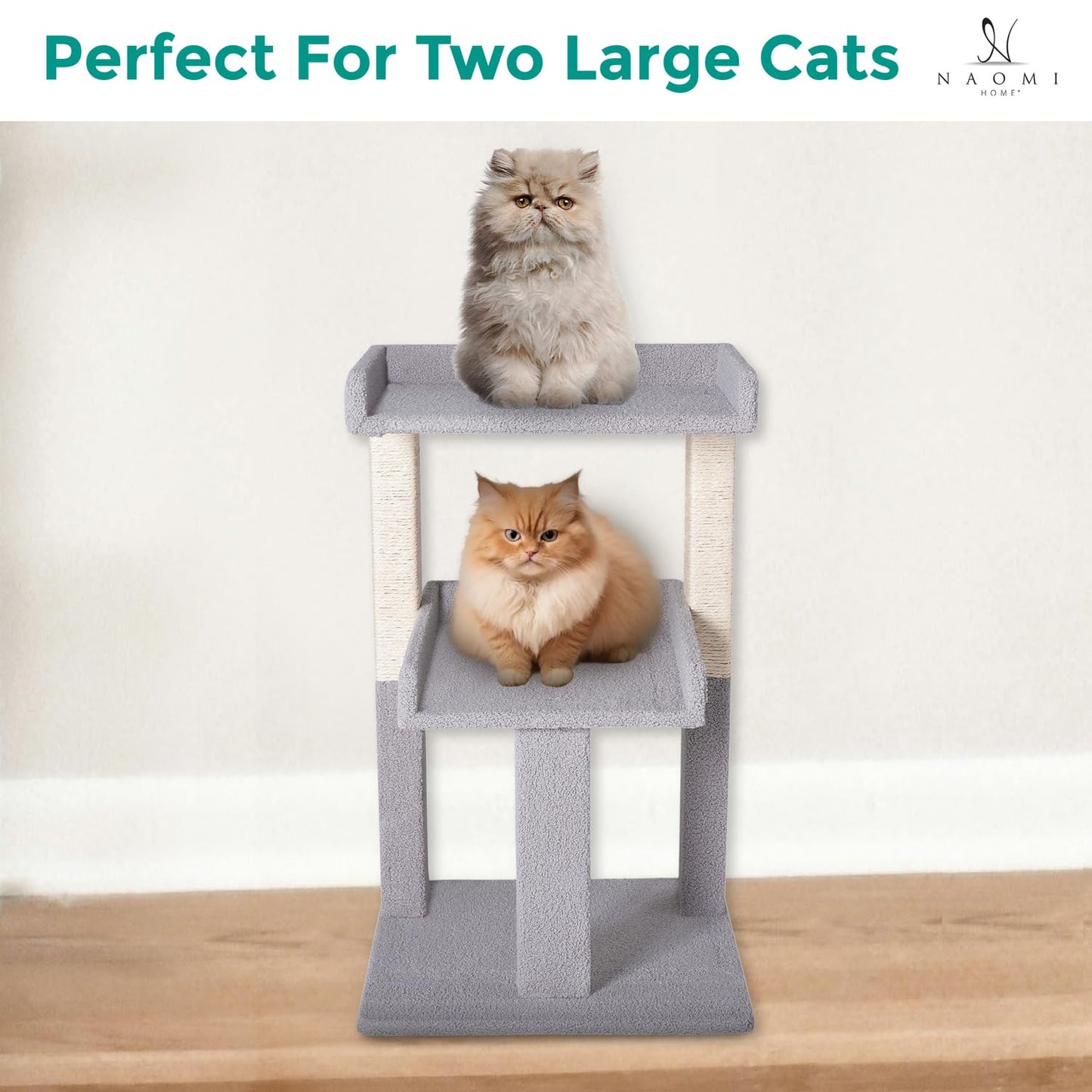 Lulu Cat Tree Tower - 2 Tier Cat condo for Large Cats Tower with Scratching Post Multi - Level Tree for Large Indoor Cats by Naomi Home Gray