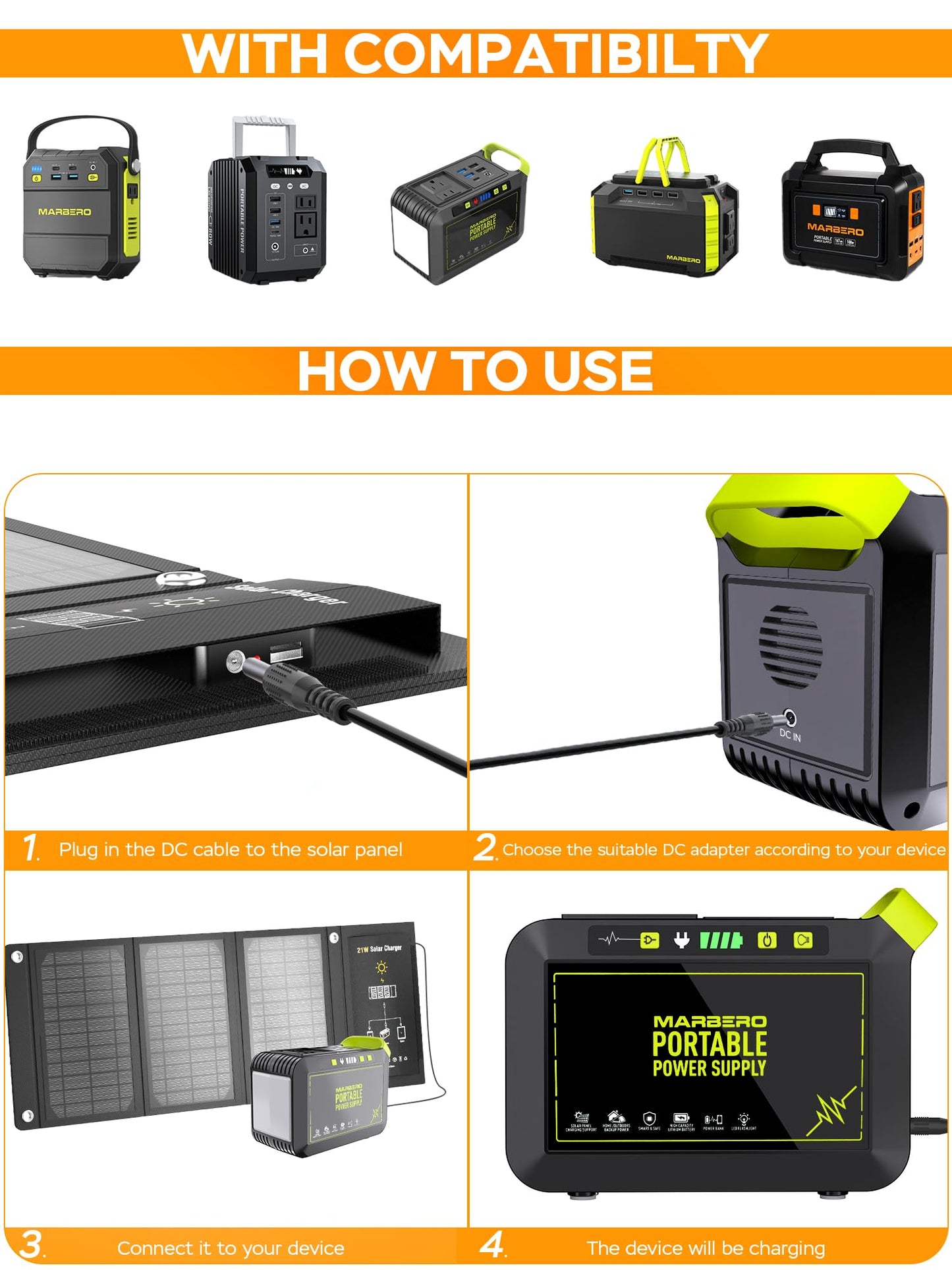 MARBERO 21W Portable Solar Panel Foldable Solar Panel Charger IP65 Waterproof Solar Panels 23% High Efficiency Fast Charger USB Ports & DC 18V Output for Camping Outdoor Travel Emergency Cloudy