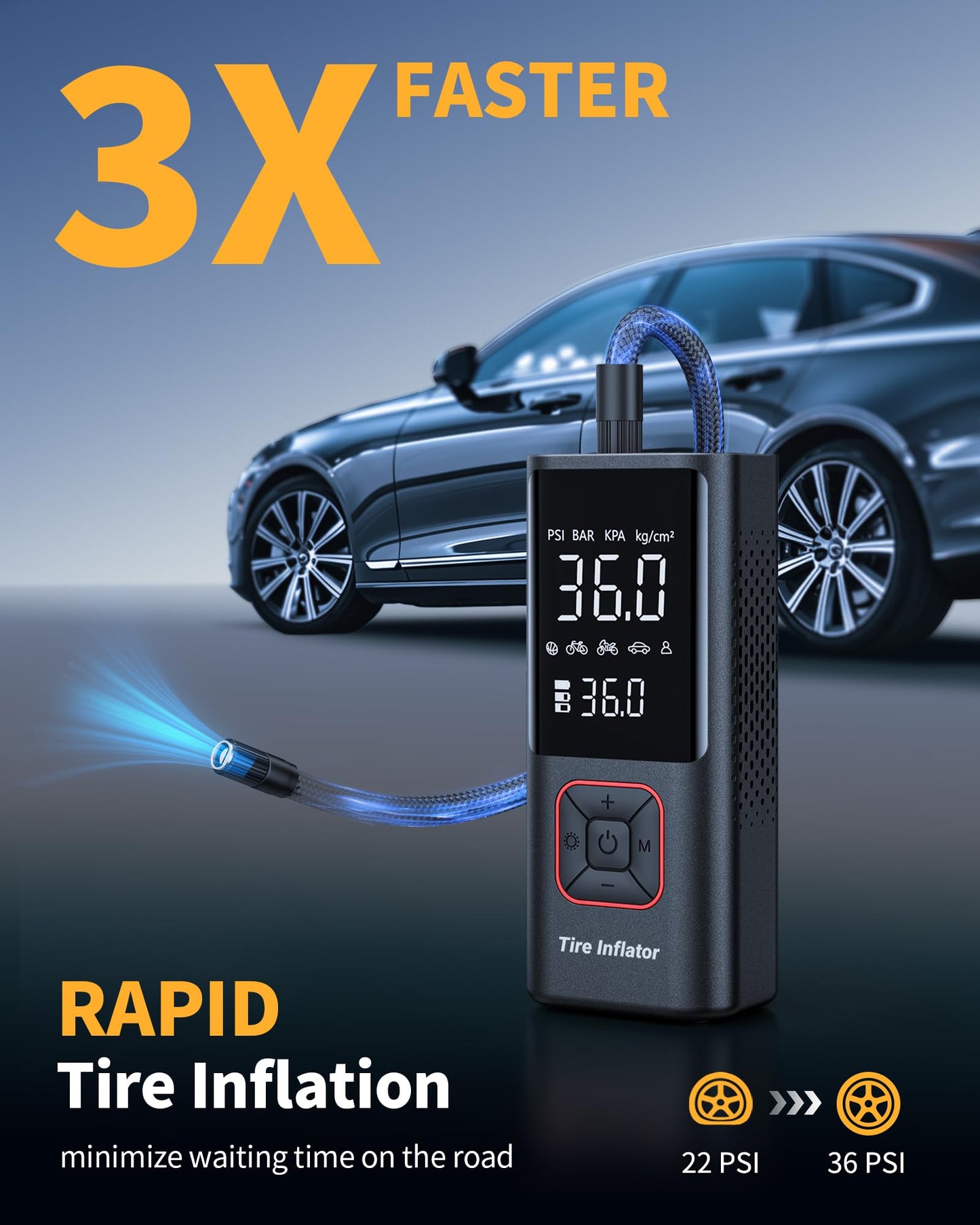 Powools Cordless Tire Inflator Portable Air Compressor - 150PSI Air Pump with Auto Shutoff Function for Car Tires, Inflatables, Motorcycle, Balls, Compact Bike Tire Pump with LED Light, Red, Large