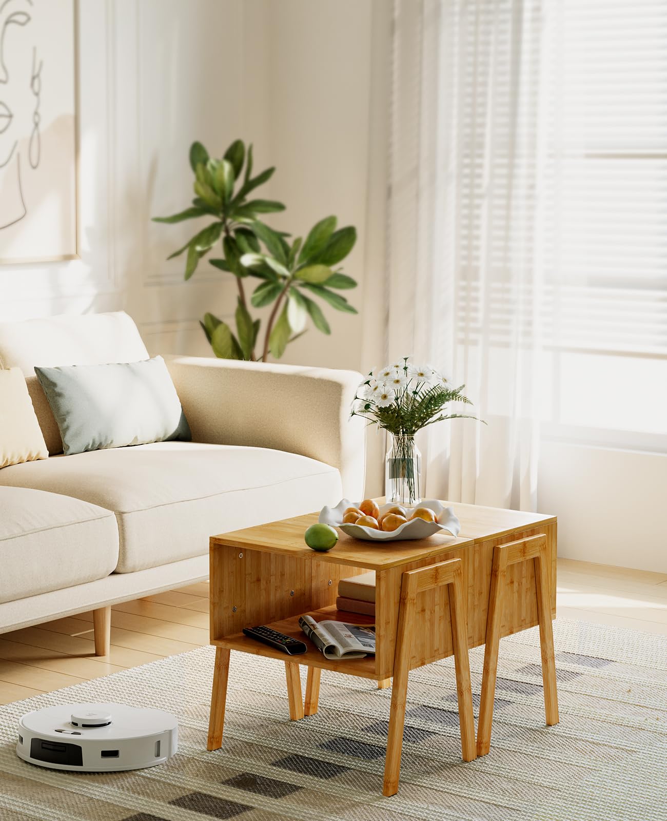 Pipishell Bamboo Stackable End Tables, Wood Living Room Nightstand, Bedside Tables for Bedroom Storage, Set of 2