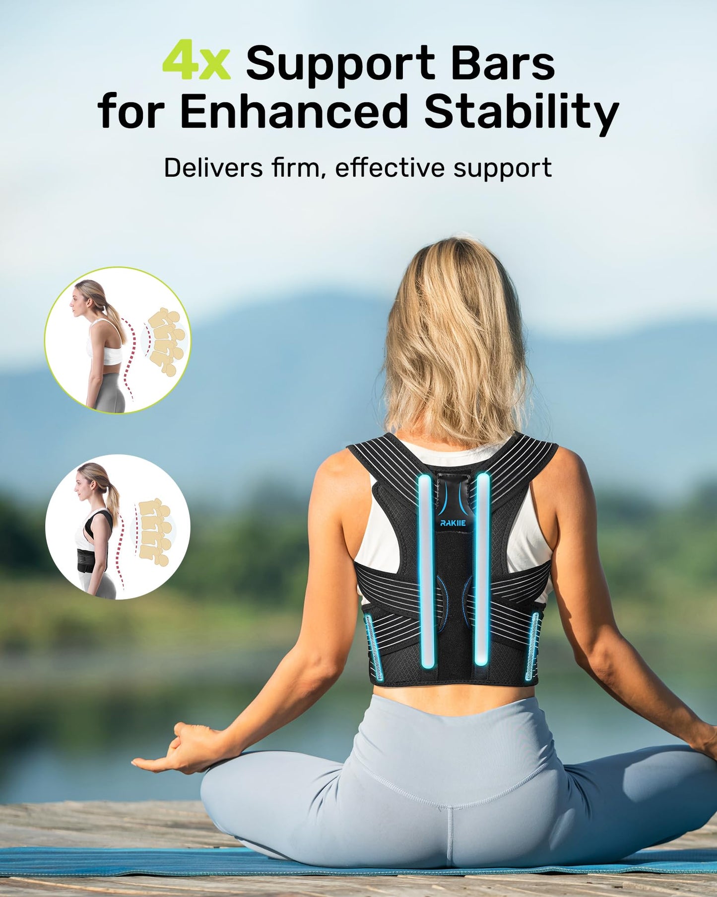 Rakiie Posture Corrector for Women and Men, Upgraded Back Brace with Enhanced Support, Shoulder Straightener with Cushioned Shoulder Pads & Underarm Pain Relief Strap, Size M (Underbust: 35.4"-41")