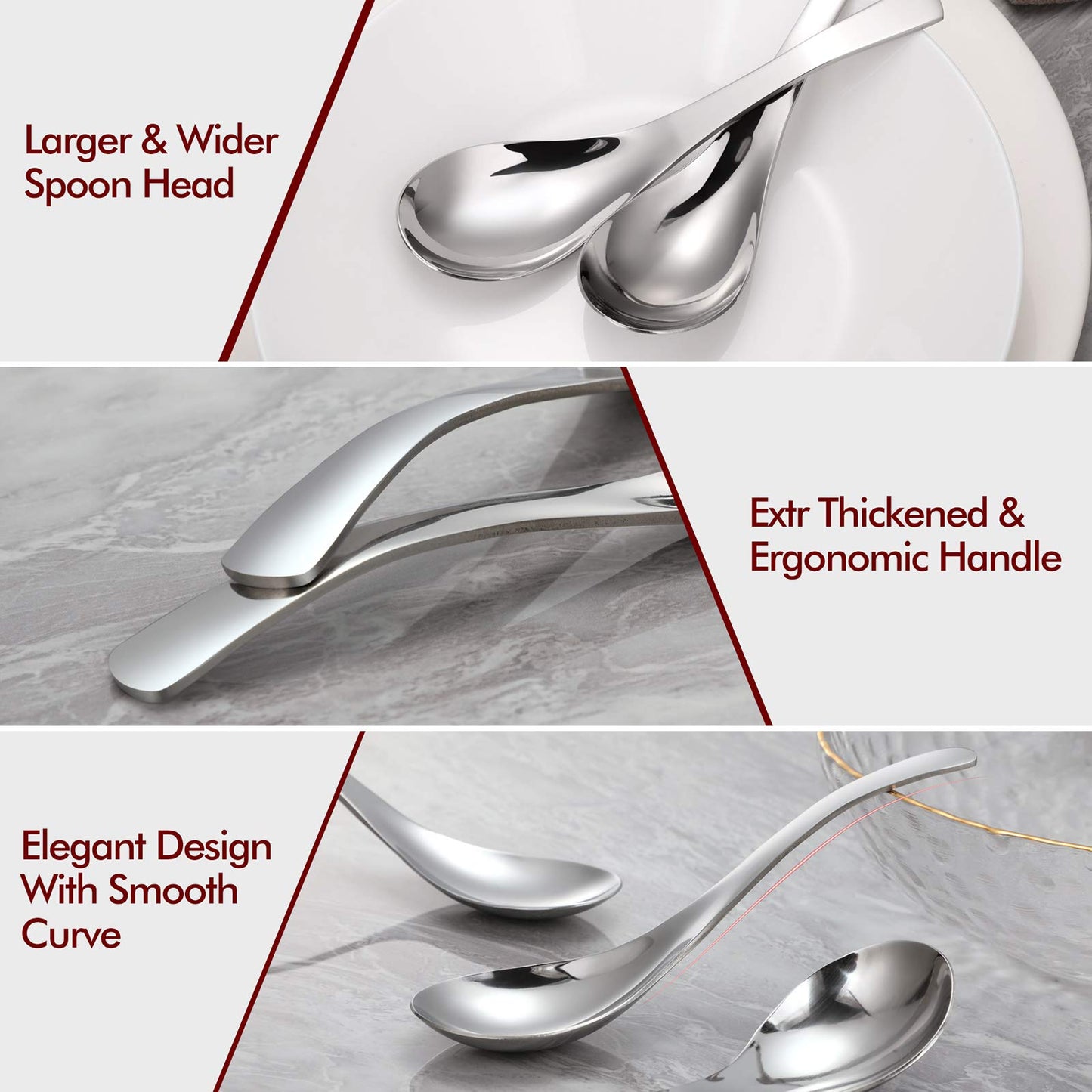HIWARE Thick Heavy-weight Soup Spoons, High Grade Stainless Steel Soup Spoons, Set of 6