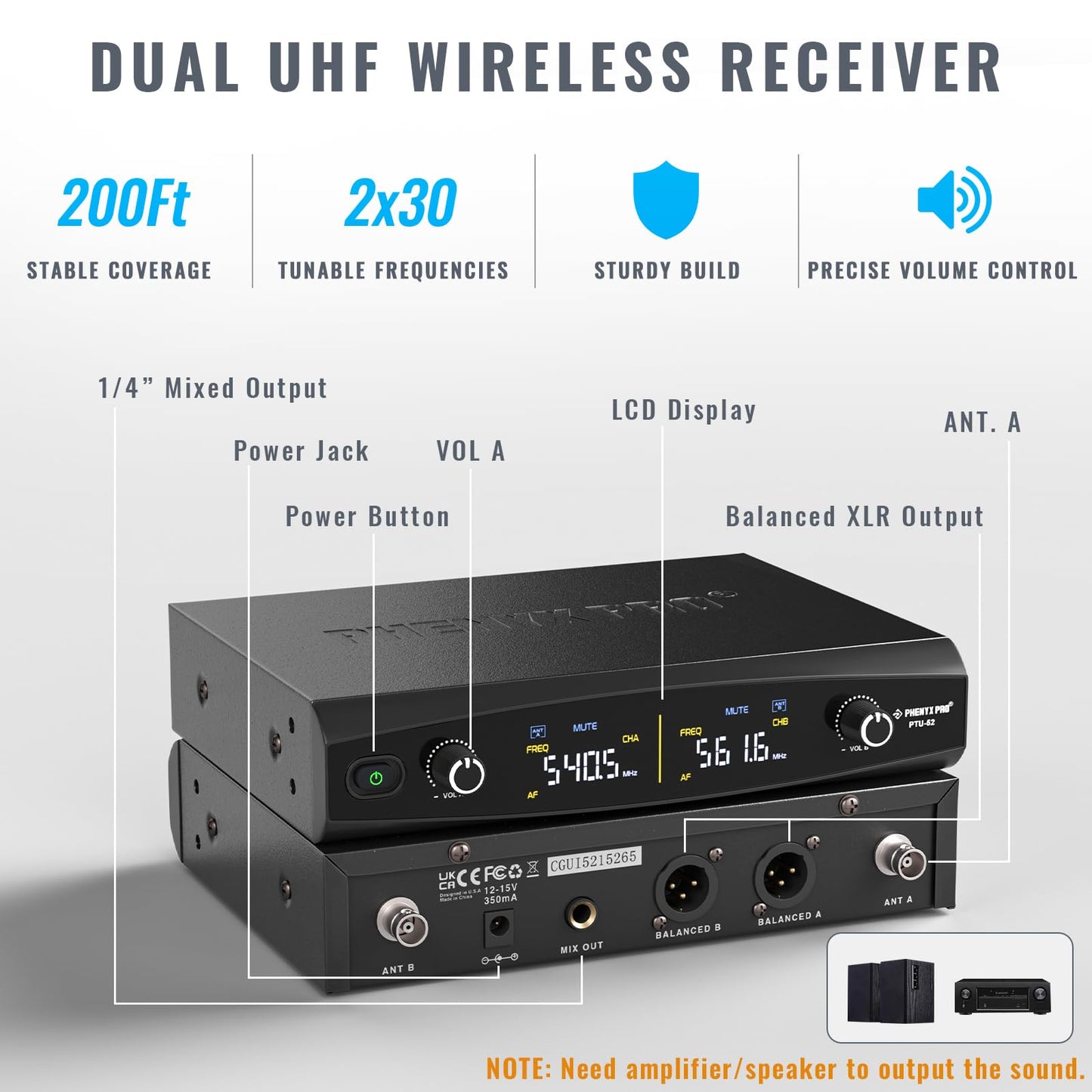 Phenyx Pro Wireless Microphone System, Metal Wireless Mic Set, Handheld Cordless Dynamic Microphones for Singing, Karaoke, Church, 2x30 UHF Tunable Frequencies,200 ft Range (PTU-52-2H)