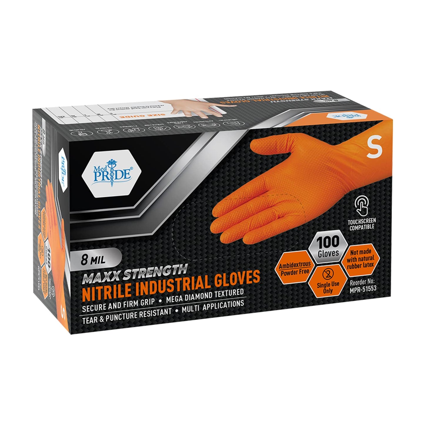 MED PRIDE Maxx Strength Nitrile Industrial 8 Mil Thick 1000 Gloves/Medium - Diamond Texture Disposable Safety- Heavy-Duty, Tear-Resistant Mechanic Automotive Food Handling Gloves- Orange