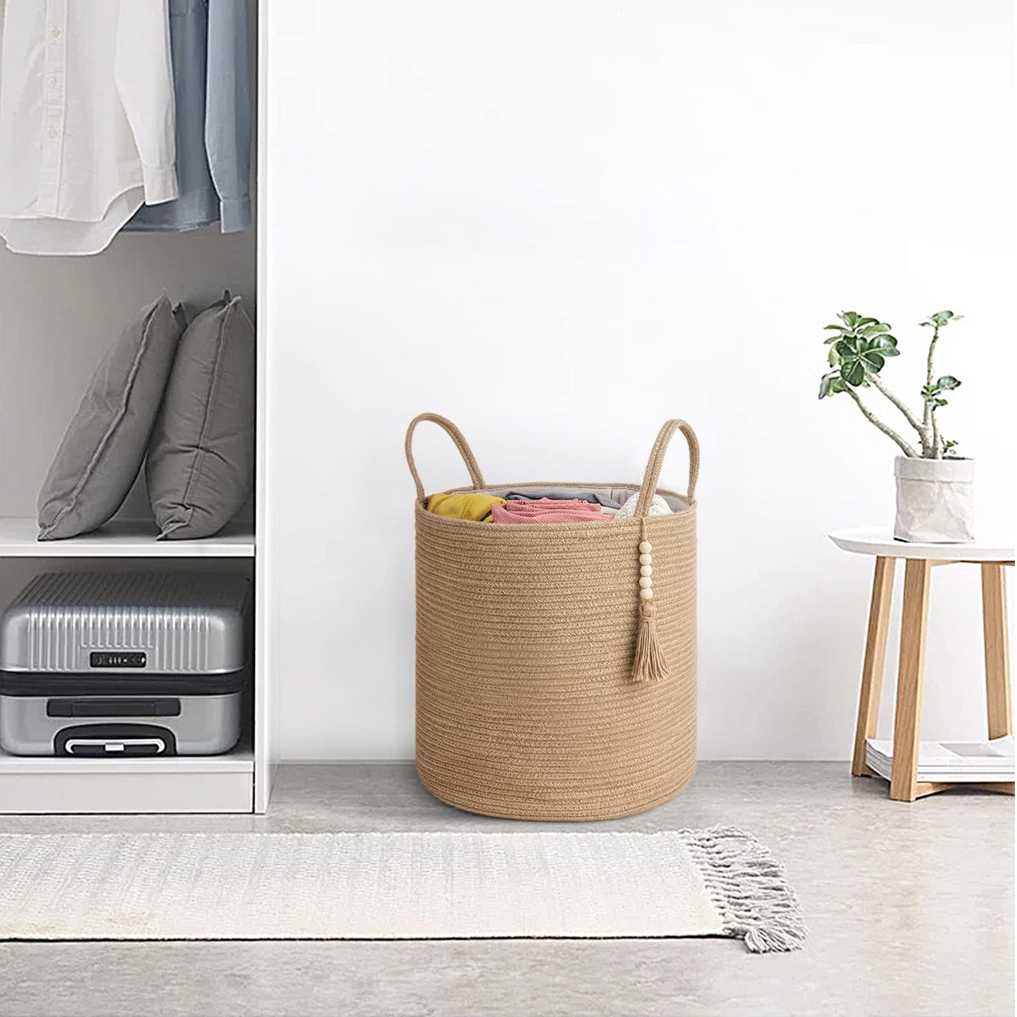 Mkono Tall Wicker Laundry Basket Woven Storage Basket Decorative Natural Rope Basket Wooden Bead Decoration for Blankets,Toys,Clothes,Shoes,Plant Organizer Bin with Handles Living Room 15" Wx17.7 L