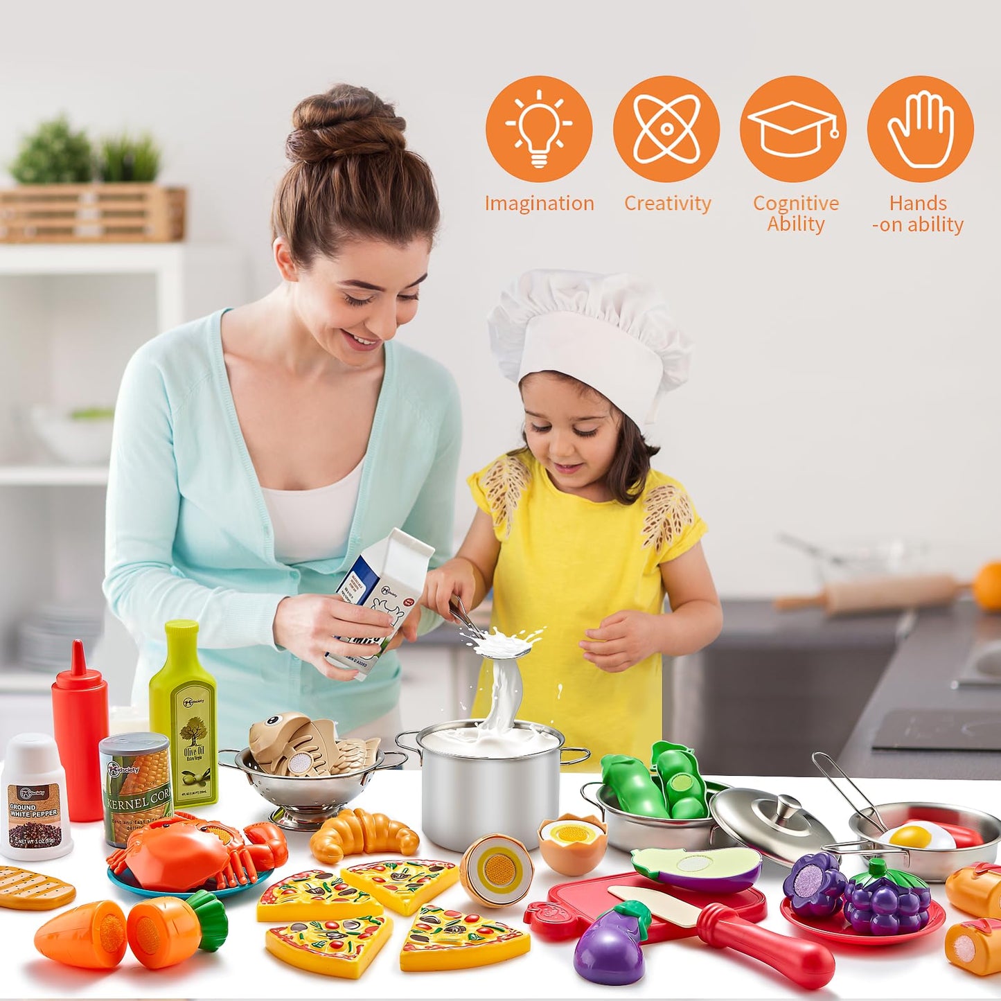 Kidsciety Pretend Play Accessories - 52pc Kids Kitchen Playset with Play Food, Stainless Steel Cookware, Toys Pots and Pans, Toddler Kitchen Set with Cuttable Toy Food - Boys and Girls Gift