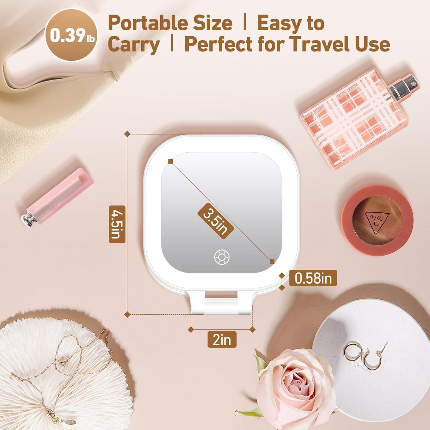 GOMIPURU Travel Mirror with Light, 1x/30x Magnifying Mirror with 3 Color Lights and Adjustable Brightness, 4.5x3.9 inch Small Compact Hangable Hand Pocket 3 Way Mirrors, Comes with Tweezer