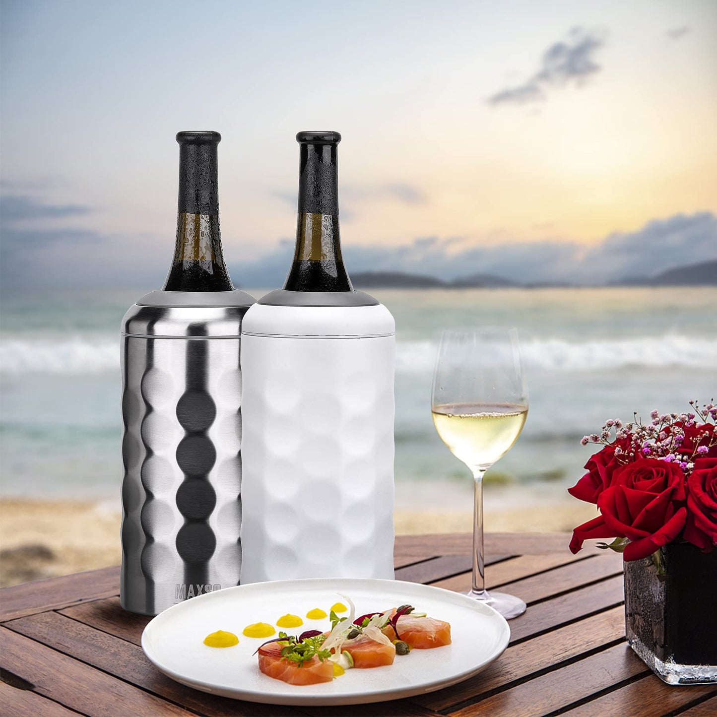 MAXSO Wine Chiller Bucket, Portable 750 ml Champagne & Wine Bottle Cooler Keep Wine & Beverages Cold, Stainless Steel Vacuum Insulated Wine Gifts for Wine Lovers - Silver