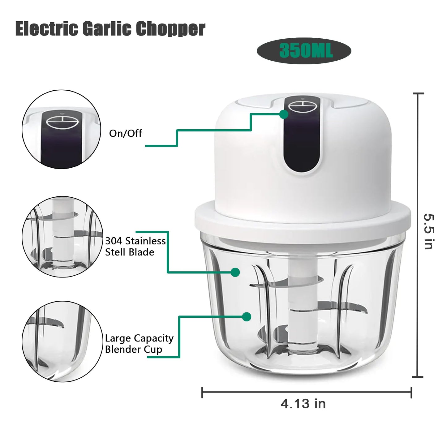 350ML Electric Garlic Chopper, Portable Veggie Chopper,Garlic Grinder Masher Onion Chopper, Blender to Vegetable, Cordless Food Processor for Ginger, Chili, Fruit, Meat, Spices, Beans, etc
