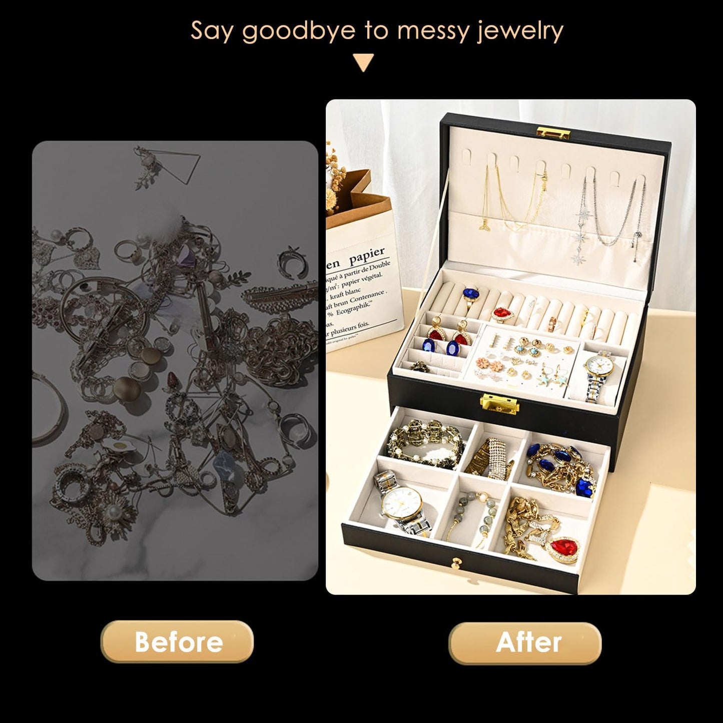 GUOER Jewelry Box for Women Girl Wife - Large PU Leather Jewelry Organizer Storage Case with Two Layers Display for Earrings Bracelets Rings Watches (Black)