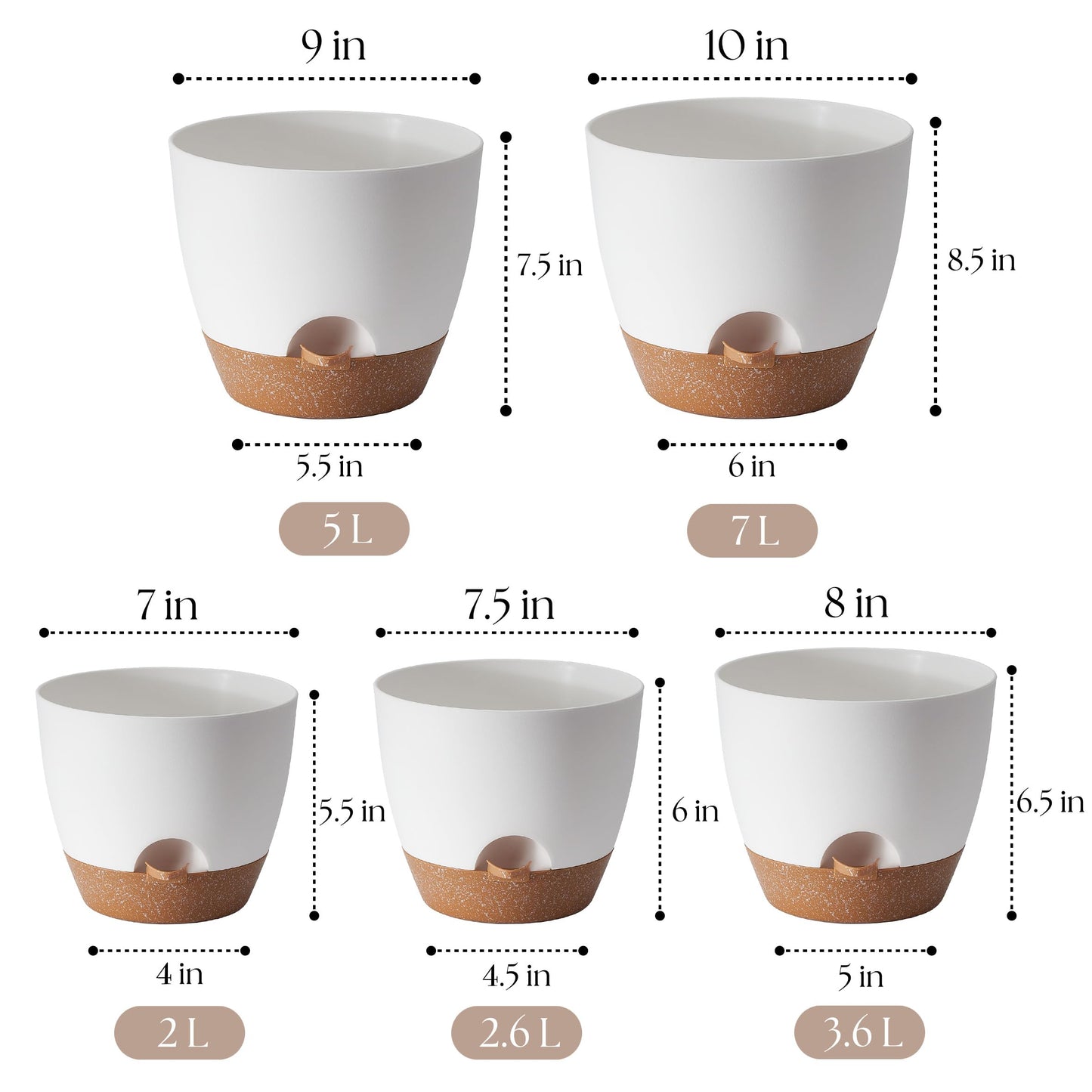 Giraffe Creation Plant Pots Set of 5 (10/9/8/7.5/7 inch), Self-Watering Indoor & Outdoor Flower Planters with Drainage Hole and Reservoir, White