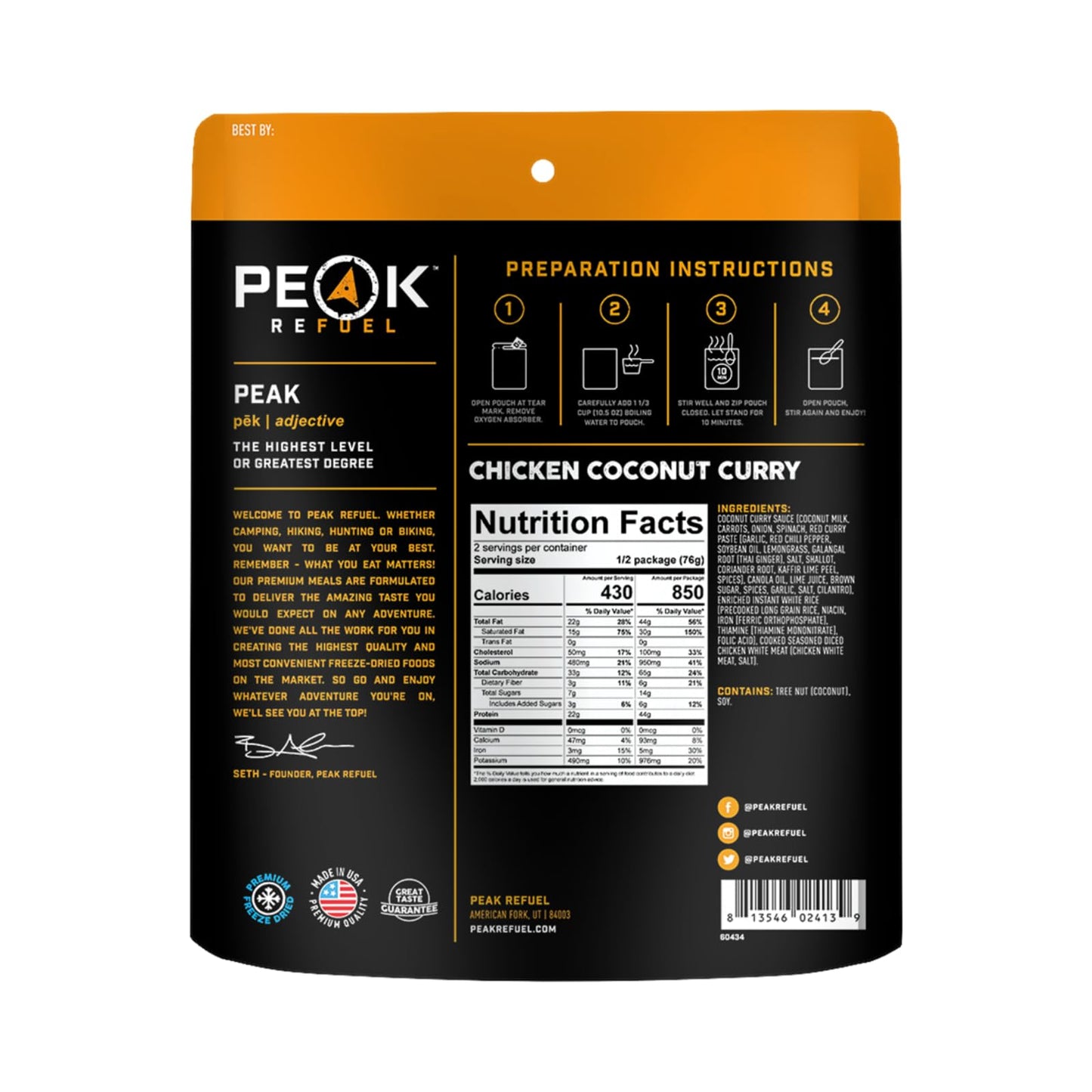 Peak Refuel Chicken Coconut Curry | Freeze Dried Backpacking and Camping Food | Amazing Taste & Quality | High Protein | Real Meat | Quick Prep (2 Serving Pouch)