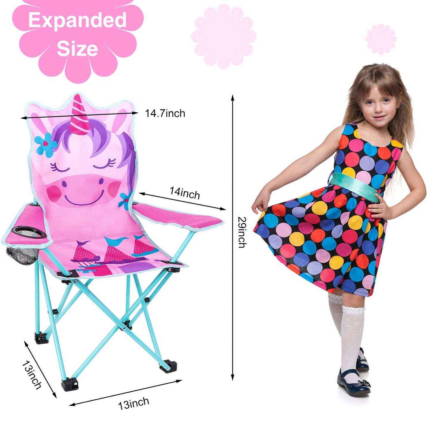 KABOER Kids Outdoor Folding Lawn and Camping Chair with Cup Holder and Carrying Bag, Children's Camping Chairs for Outdoor Beach Travel (Pink Unicorn)
