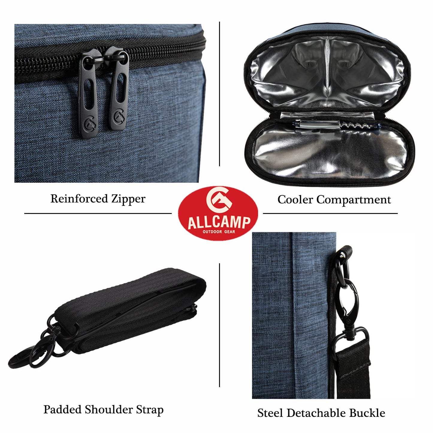 ALLCAMP 2 Bottle Wine Tote Carrier - Insulated Portable Padded Canvas Wine Bag for Travel, BYOB Restaurant, Wine Tasting, Party, Great Christmas Day Gift for Wine Lover,Blue