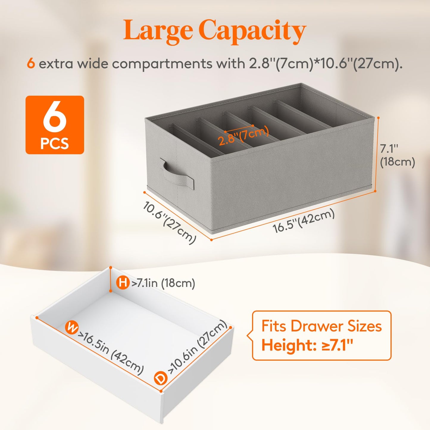 Lifewit Wardrobe Clothes Organizer 6 Pack, Large Size 6 Grids Closet Jean Storage Bins with Handles and Support Boards, Foldable Drawer Dividers for Sweater, Pants, T-shirt, Hoodie, Dress, Grey