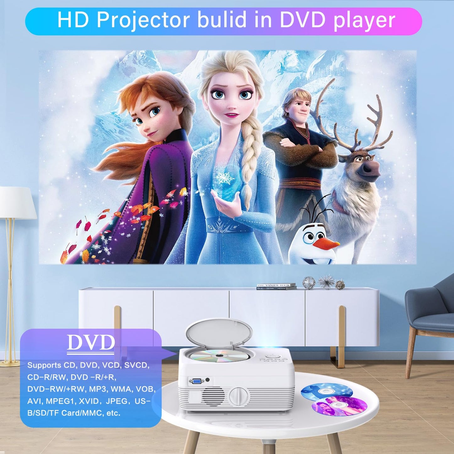 Full HD WiFi Bluetooth Projector Built in DVD Player, 12000LM 1080P Supported, Portable Mini DVD Projector for Outdoor Movies, 250" Home Theater, Compatible with iOS/Android/TV Stick/PS4/HDMI/USB/TF