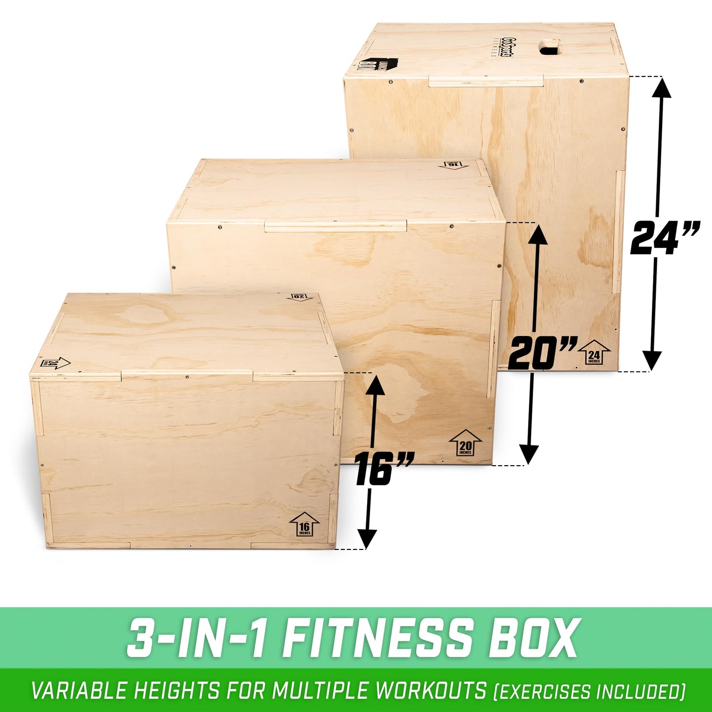 GoSports Fitness Launch Box 3-in-1 Adjustable Height Wood Plyo Jump Box for Exercises of All Skill Levels - Standard
