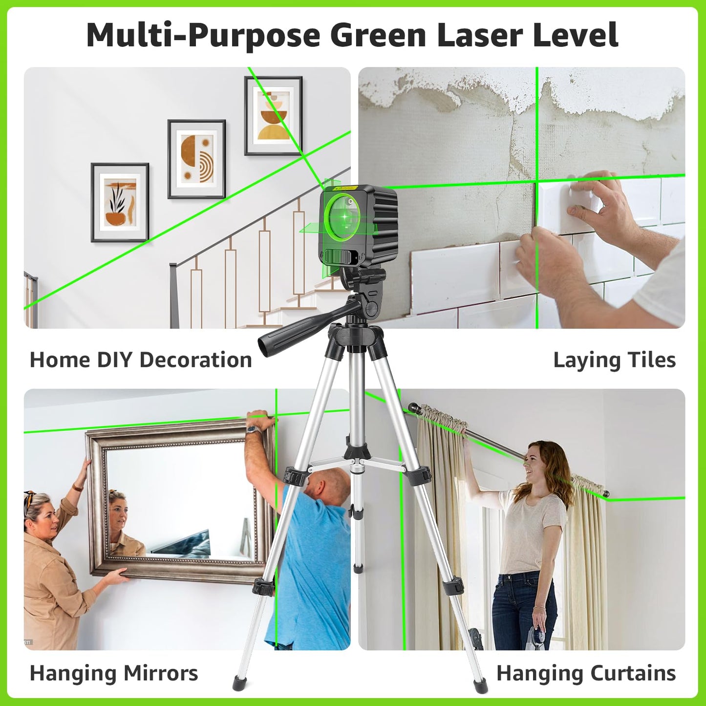 Laser Level with Tripod, Huepar 100Ft Self Leveling Green Cross Line DIY Laser Leveler Tool for Picture Hanging Floor Tile Wall Home Renovation, Gift for Him Father Husband Boyfriend (25.6in Tripod)