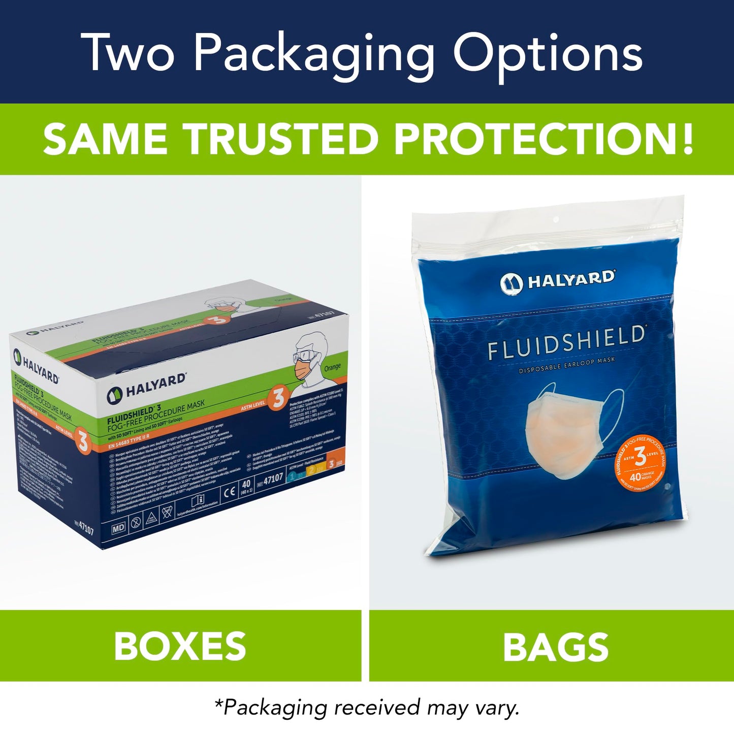 HALYARD FLUIDSHIELD 3 Disposable Procedure Mask w/SO Soft Lining and SO Soft Earloops, Pleat-Style, Orange, Level 3, 47107 (Box of 40)