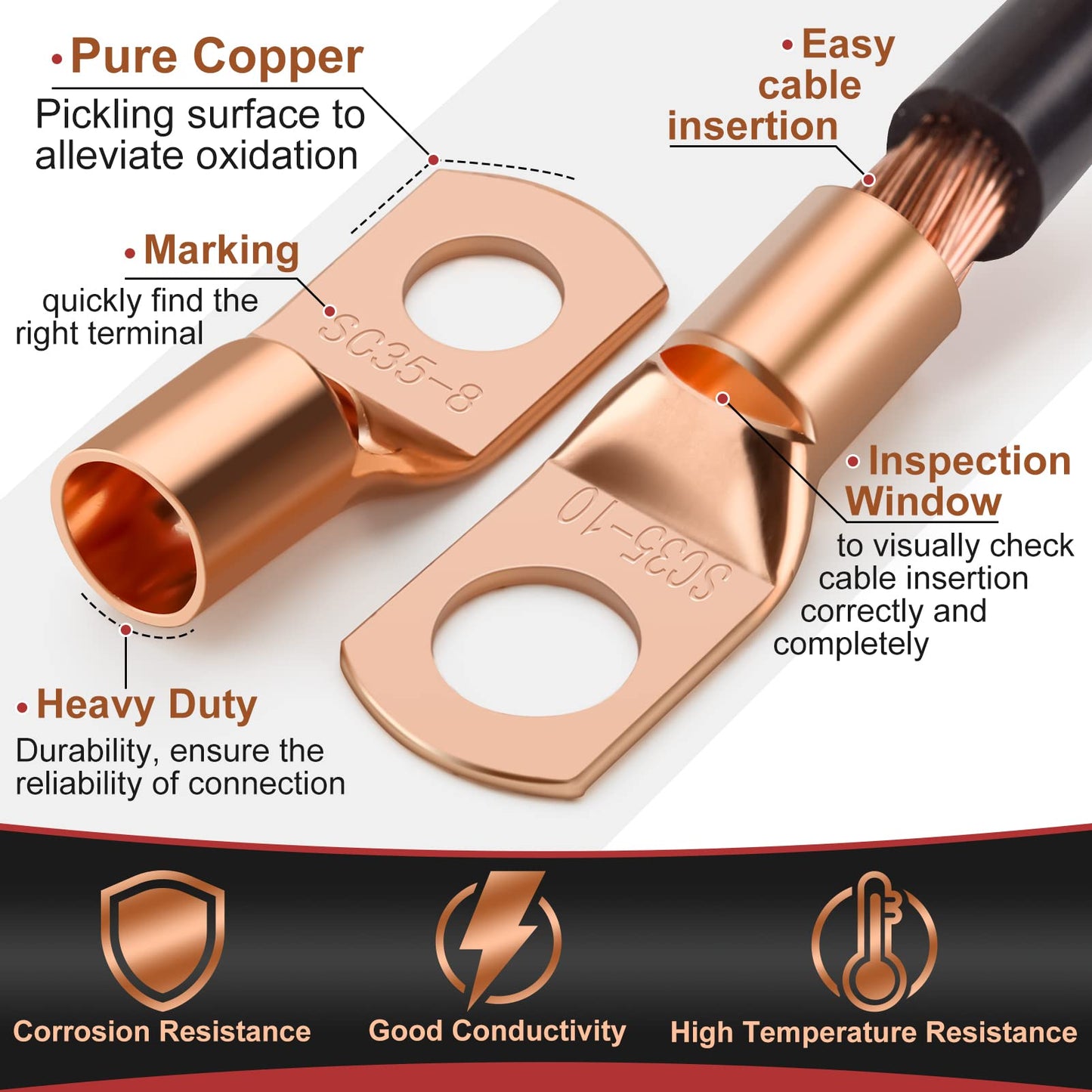 150pcs Battery Cable Ends, Copper Wire Lugs Assortment Kit AWG 2 4 6 8 10 Gauge - 70Pcs Battery Cable Lugs Ring Wire Terminal Connectors and 80Pcs Heat Shrink Tubing Kit for Marine Electrical Supplies