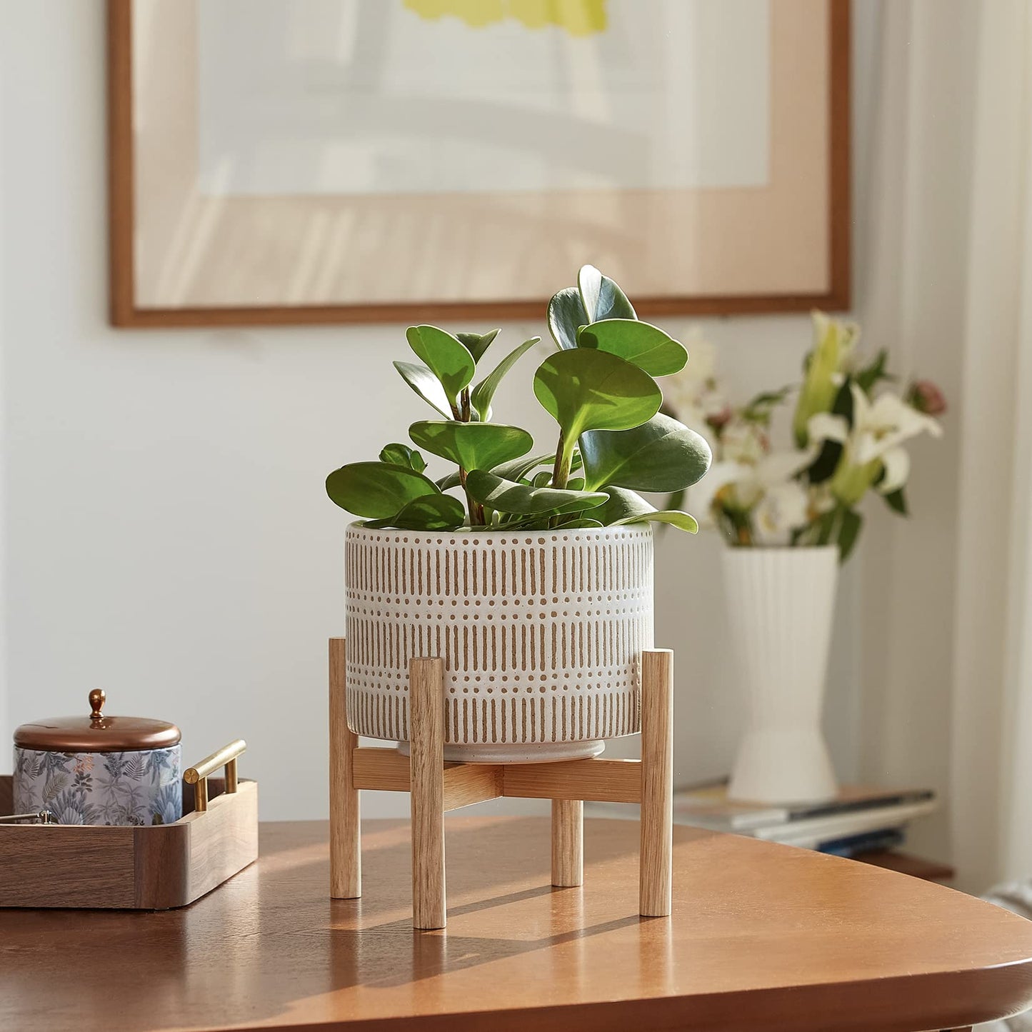 LA JOLIE MUSE Ceramic Plant Pot with Wood Stand - 7.3 Inch Modern Round Decorative Flower Pot Indoor with Wood Planter Holder, Beige and White