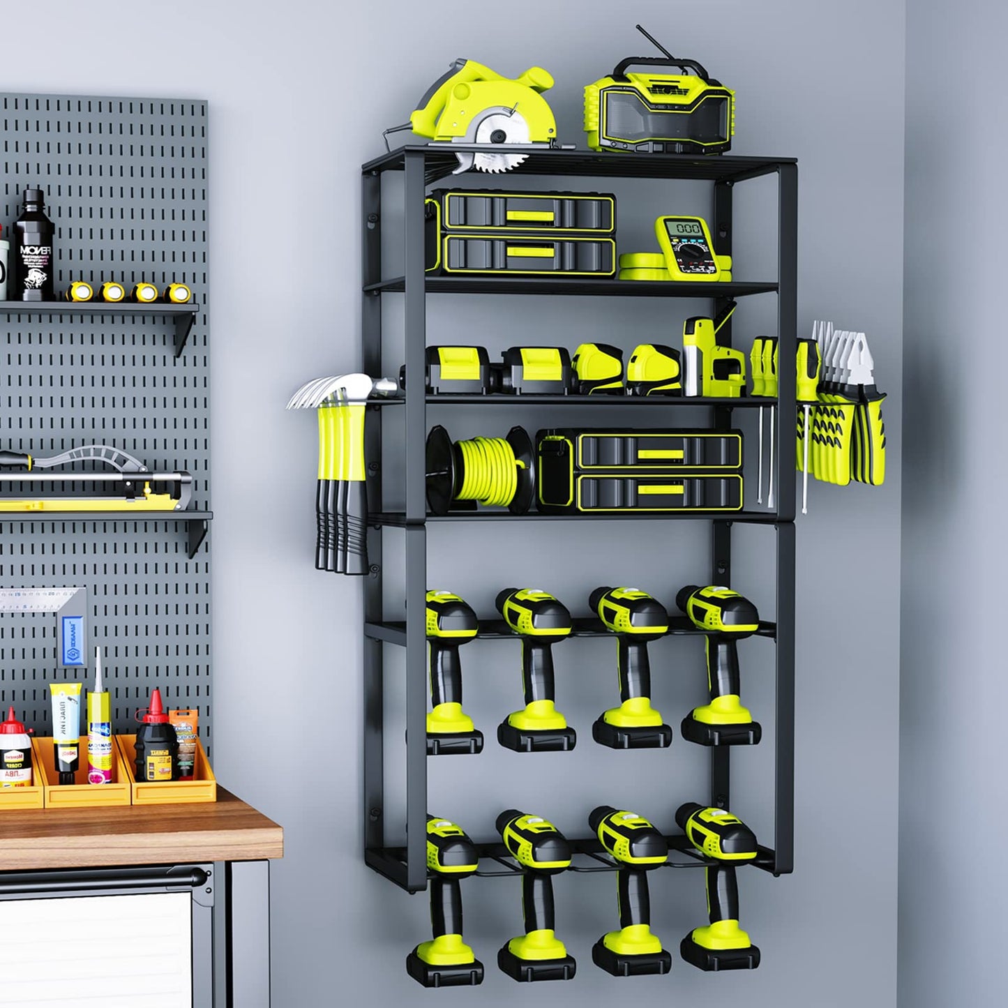 KAFAHOM Power Tool Organizer,8 Drill Holder Wall Mount,6 Layer Heavy Duty Metal Tool Storage Rack,Large Utility Tool Shelf for Cordless Drill, Garage Wall Organizer for Lifetime Use