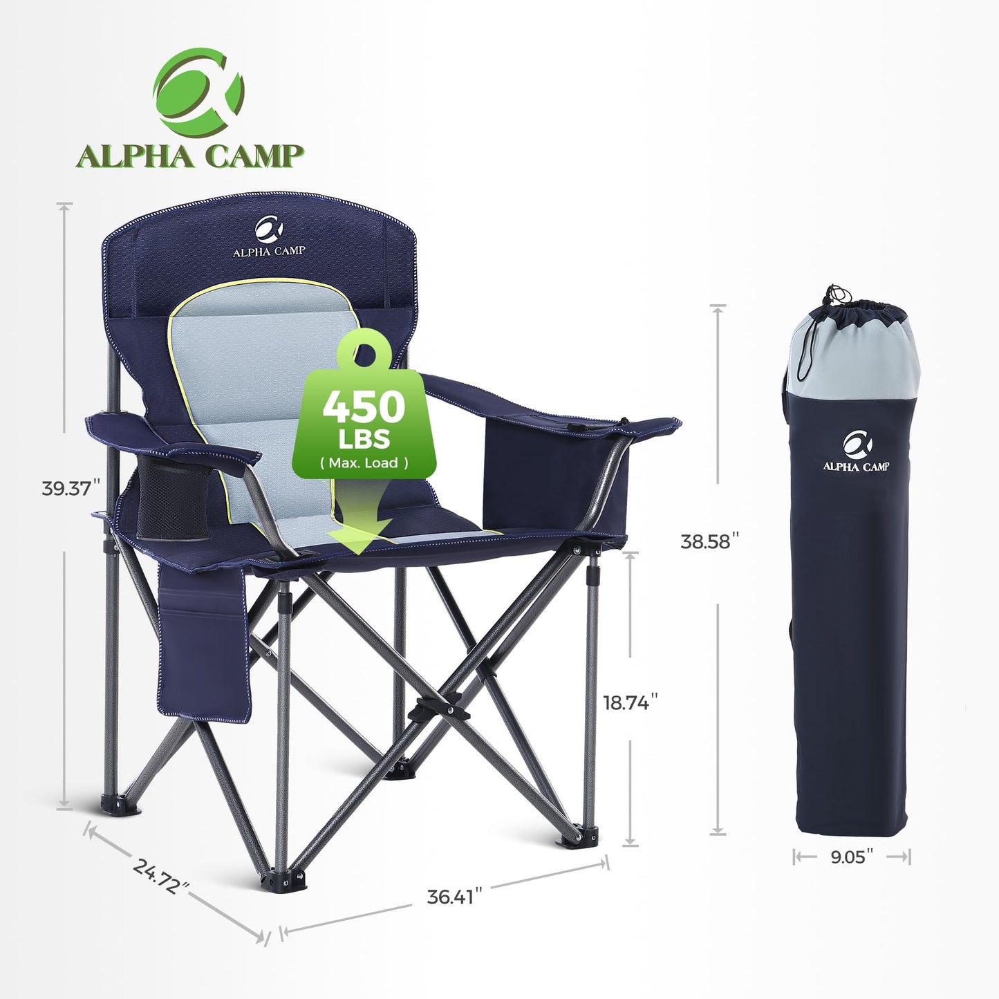 ALPHA CAMP Oversized Camping Chair Heavy Duty Lawn Chair with Cooler Bag Support 450 LBS Steel Frame Collapsible Padded Arm Folding Chair for Outdoor,Blue