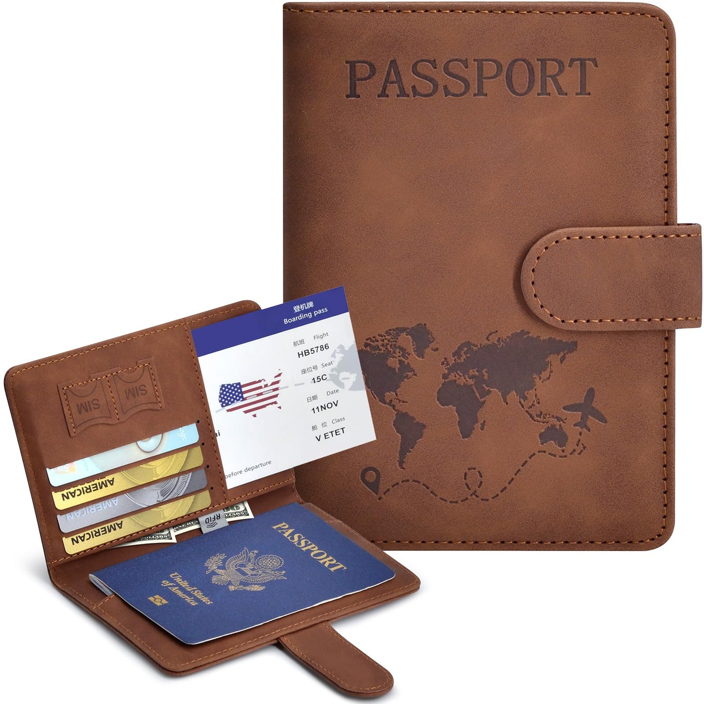 Passport Holder, Passport Cover with Credit Card Slot and Boarding Pass Slot Combo, Passport Wallet Case Book Travel Must Have, RFID Blocking Leather Travel Accessories, Brown