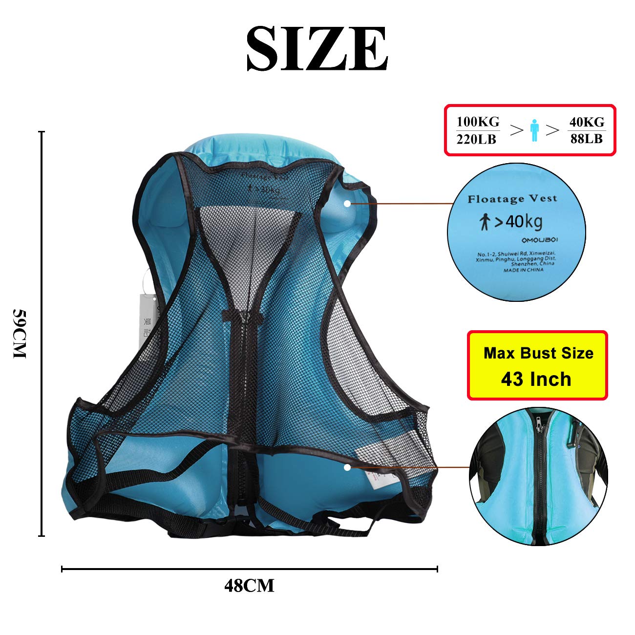 OMOUBOI Inflatable Snorkel Vest Kayak Inflatable Buoyancy Vest for Adults Snorkel Jackets for Swimming Snorkeling Paddling Boating Water Sports Beginner Adults-Only 105-220 lbs