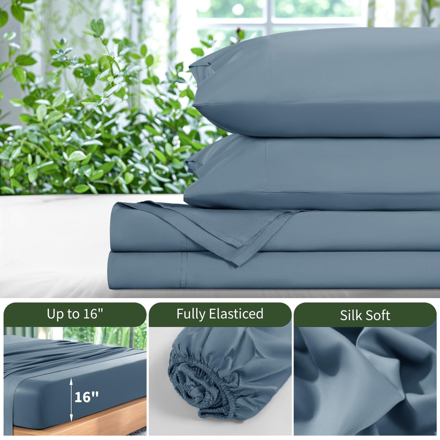 LBRO2M Cooling Bed Sheet 100% Viscose Derived from Bamboo Sheet Set 4 Piece King Size,Fit Up to 16" Deep Mattress, 1800 TC Sheet Super Soft Silky,Breathable Cool Bedding (King Dusty Blue)