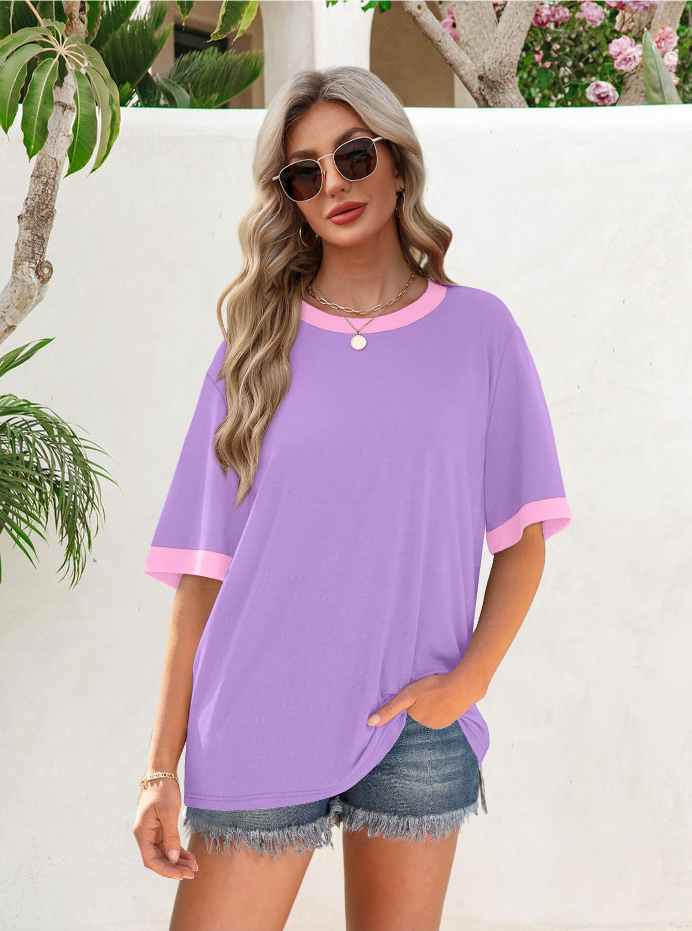 OFEEFAN Fashion Clothing Summer Shirts for Women Oversized Tshirts Short Sleeve T-Shirts Womens Tank Tops Z-Violet 2XL