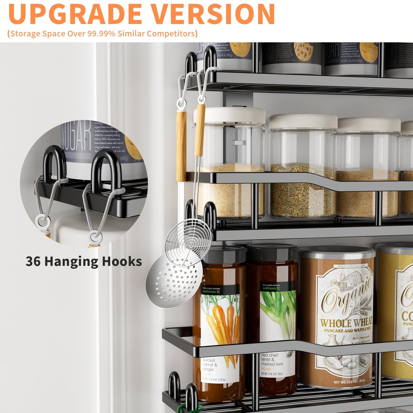 Over The Door Pantry Organizer, 9-Tier Over The Door Organizer with Adjustable Baskets, Metal Hanging Spice Rack for Pantry Organizers and Storage, Suitable for Kitchen Laundry Room & Bathroom, Black