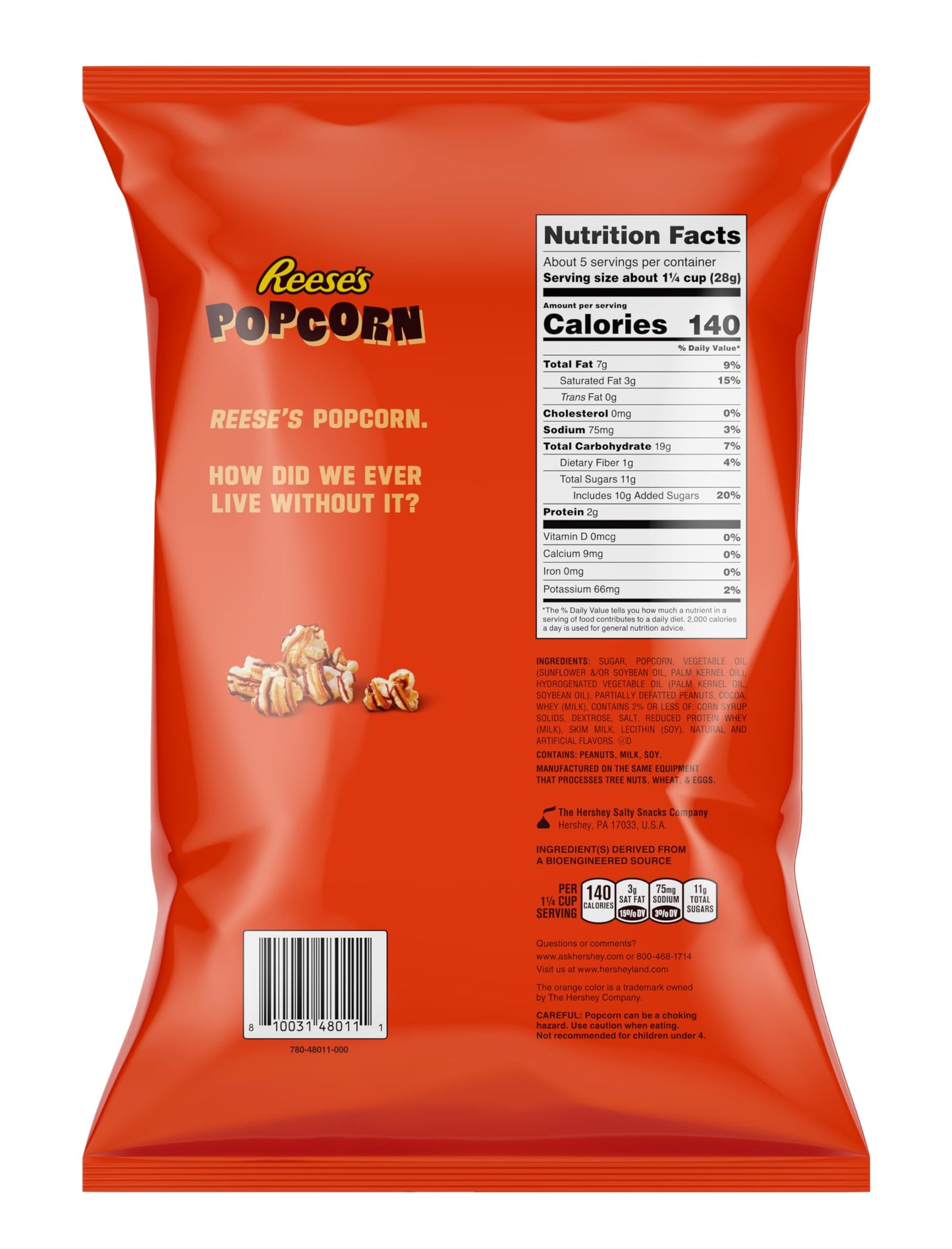 Reese's Popcorn, 5.25oz Grocery Sized Bag, Popcorn Drizzled in Reese's Peanut Butter and Chocolate, Ready to Eat, Savory Snack, Sweet and Salty