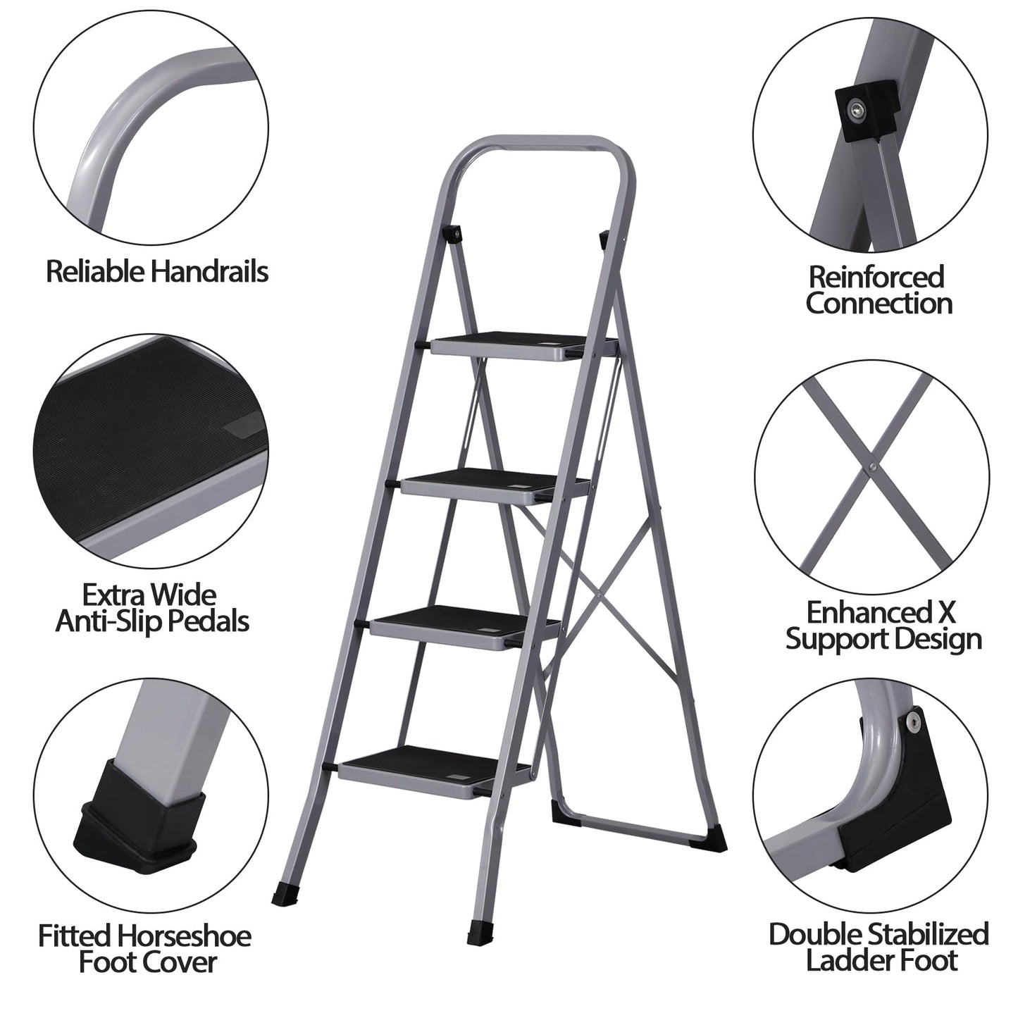 JungleA Step Ladder, Folding 4 Step Stool Ladder for Adult, w/Wide Anti-Slip Pedal, 330 lbs Load Capacity, Foldable Portable Sturdy Lightweight Tall Ladder for Closet, Kitchen, Office & Home, Grey