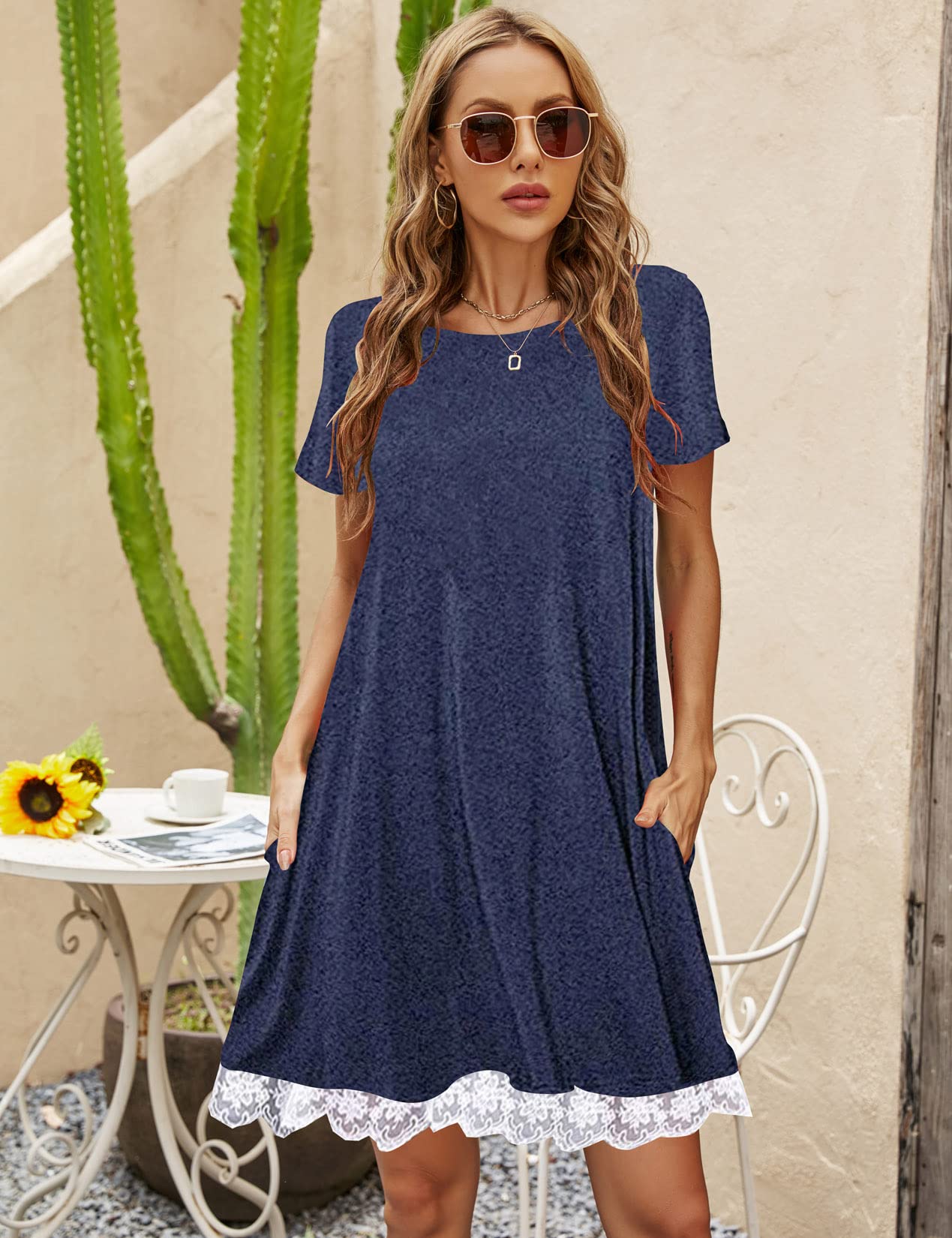 Halife Womens Cute Short Sleeve Pocket T-Shirt Dress Loose Summer Dresses Beach Cover Up Navy Blue,XXL