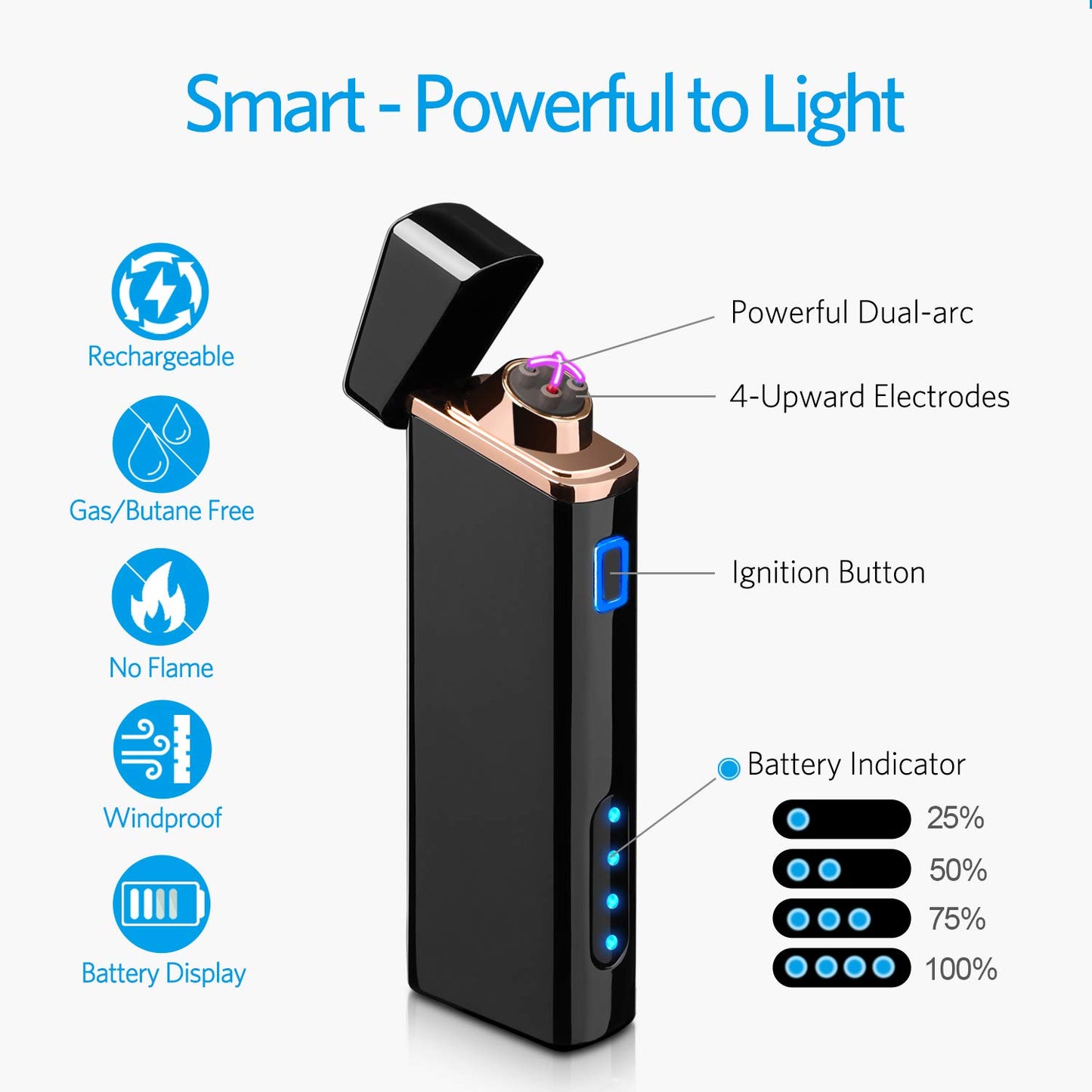 Lighter, Electric Arc Lighter USB Rechargeable Windproof Flameless Lighter Plasma Lighter with Battery Indicator (Upgraded) for Fire, Cigarette, Candle - Outdoors Indoors